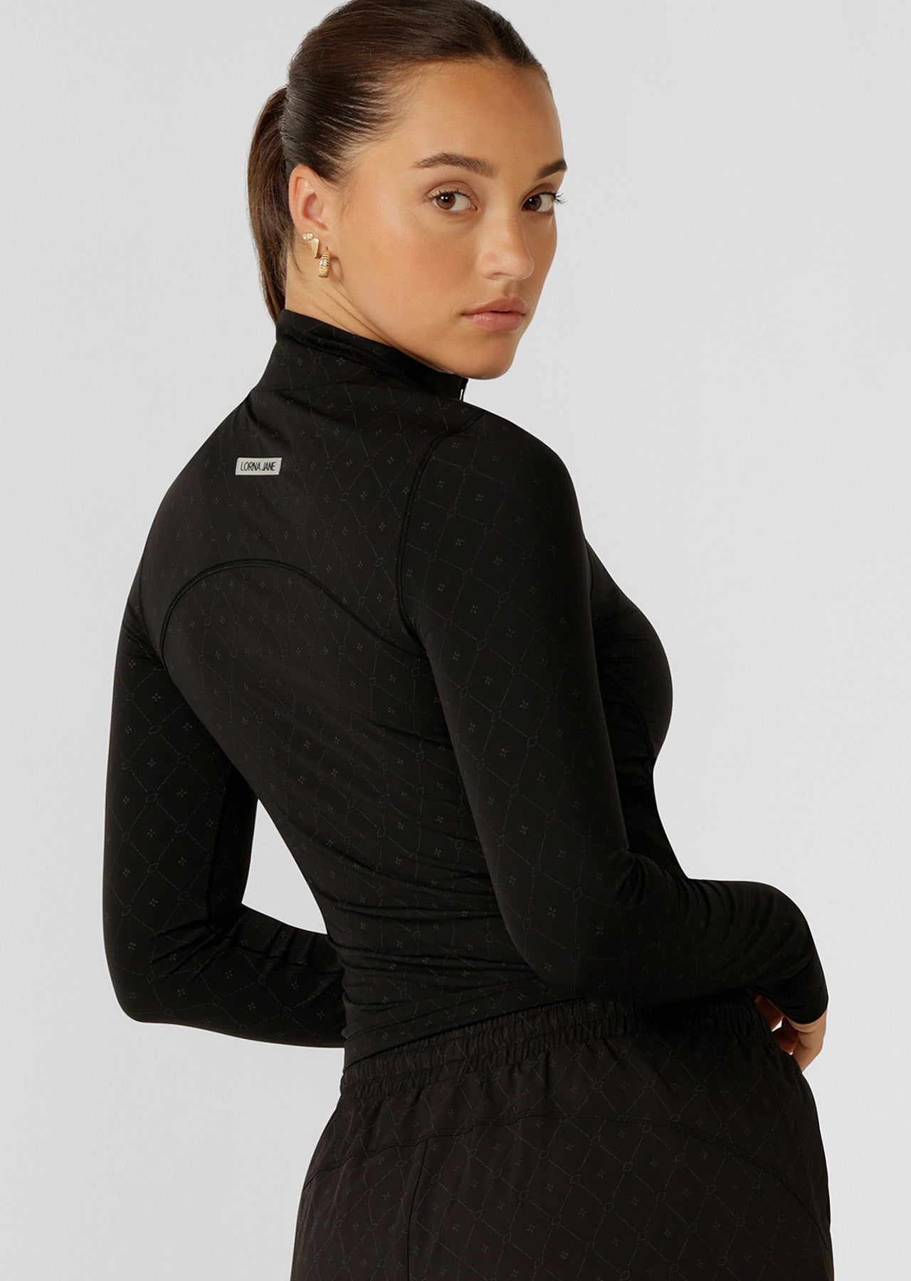 Lorna Jane High Definition Reflective 1/2 Zip Long Sleeve Top - Black Reflective Monogram Print