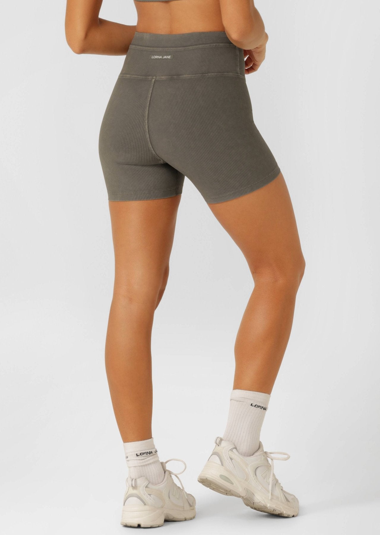 Lorna Jane Perform Washed Rib 12cm Bike Shorts - Washed Khaki Haze