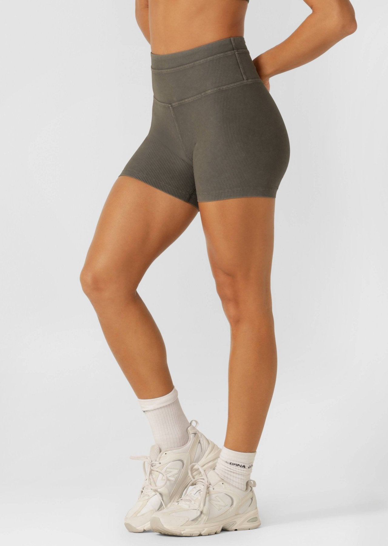 Lorna Jane Perform Washed Rib 12cm Bike Shorts - Washed Khaki Haze