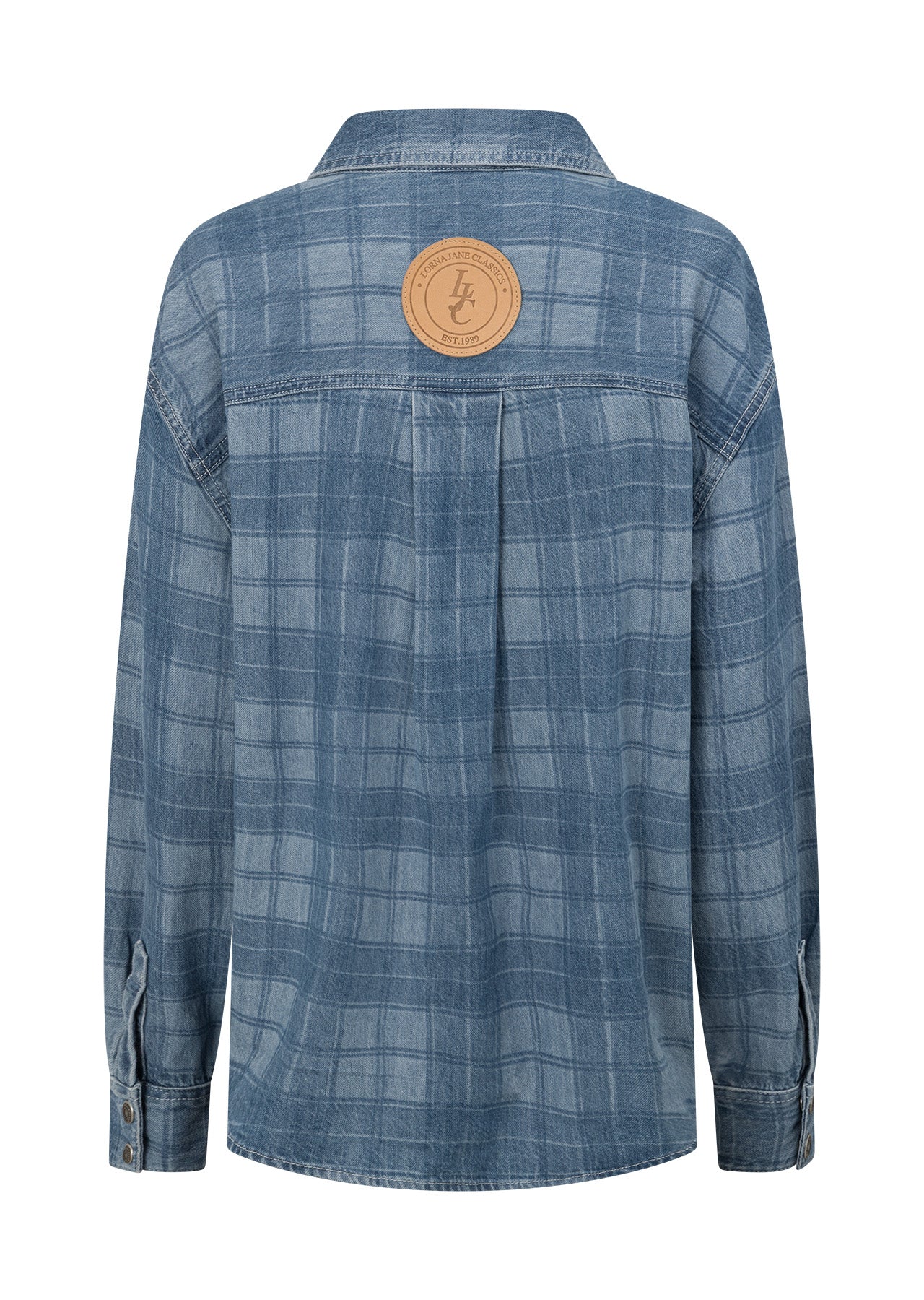 Lorna Jane Off Duty Burnout Check Denim Shirt - Washed Denim Check