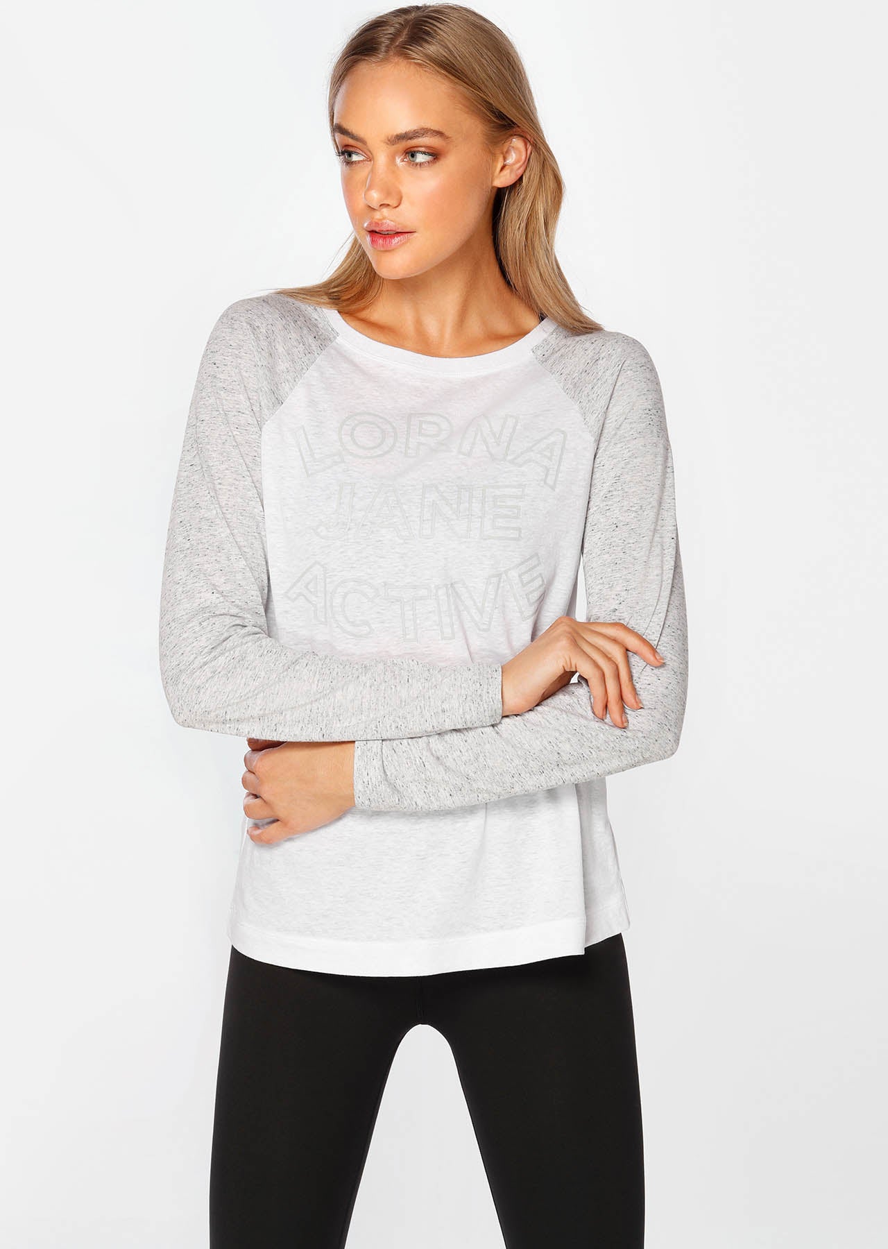Lorna Jane Comfort Long Sleeve Top - White/Pastel Grey Marl