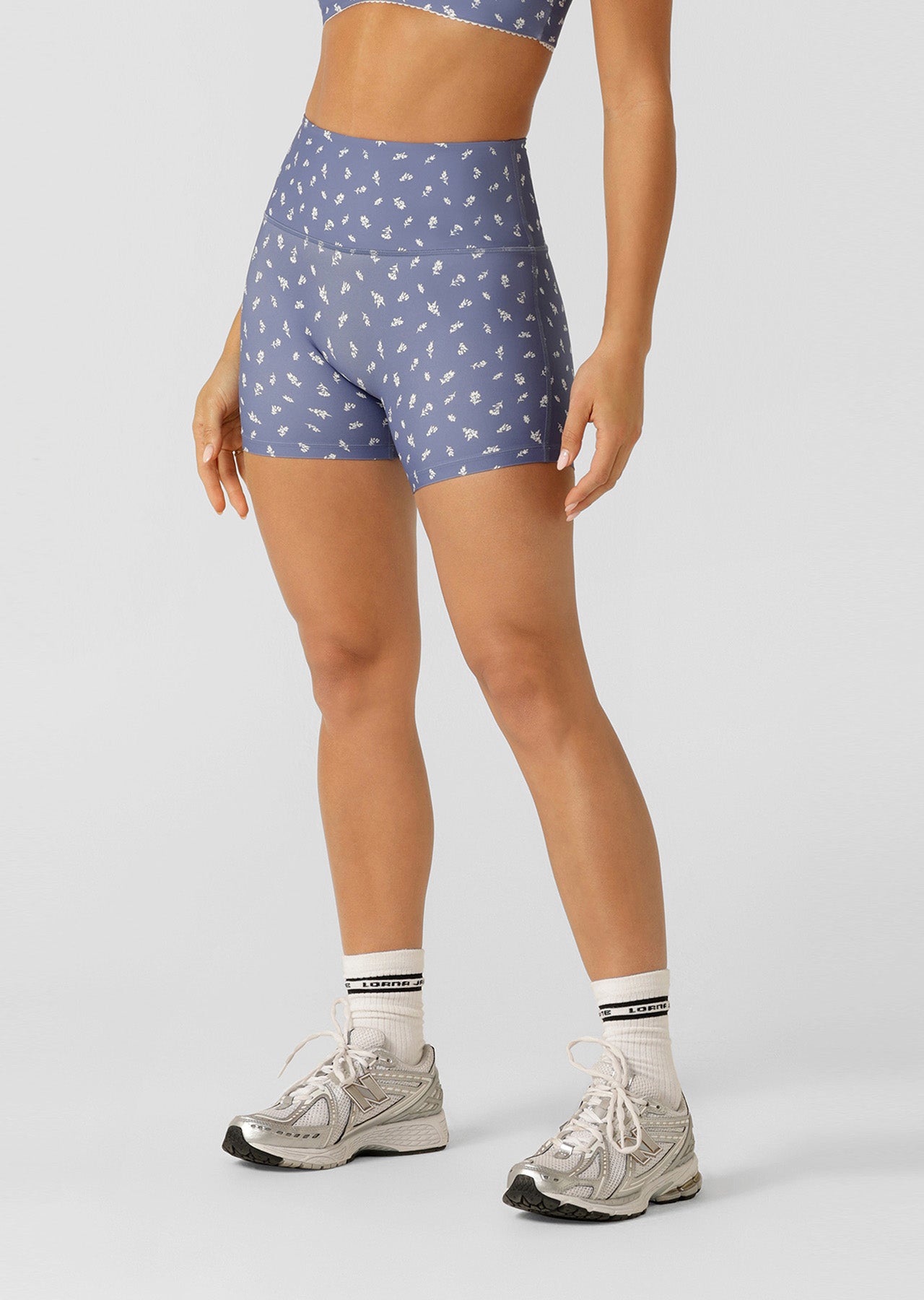 Lorna Jane Blue Fleur Hi Fold No Ride 12cm Bike Shorts - Blue Fleur Print