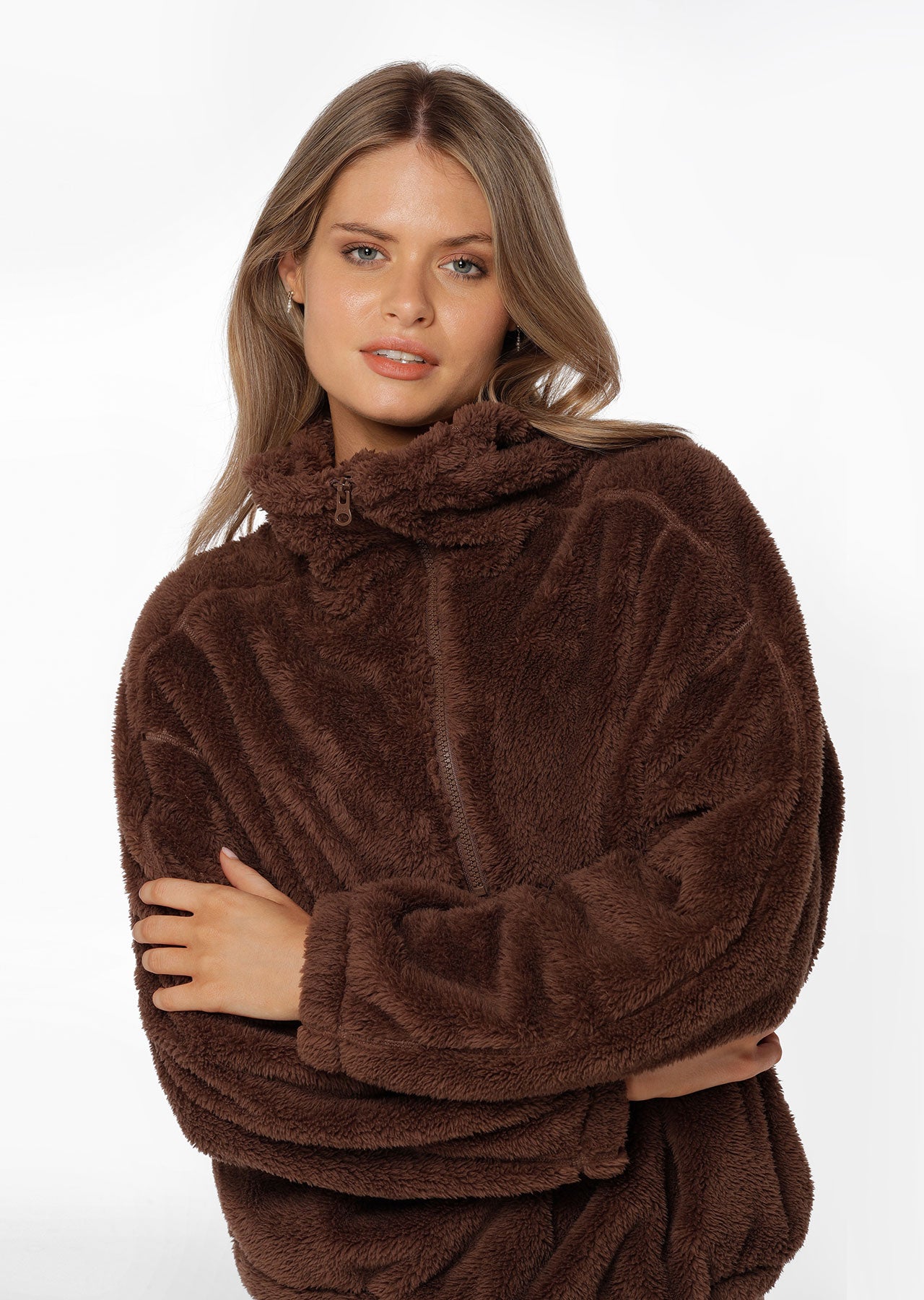 Lorna Jane Zip Front Teddy Pullover - Chocolate