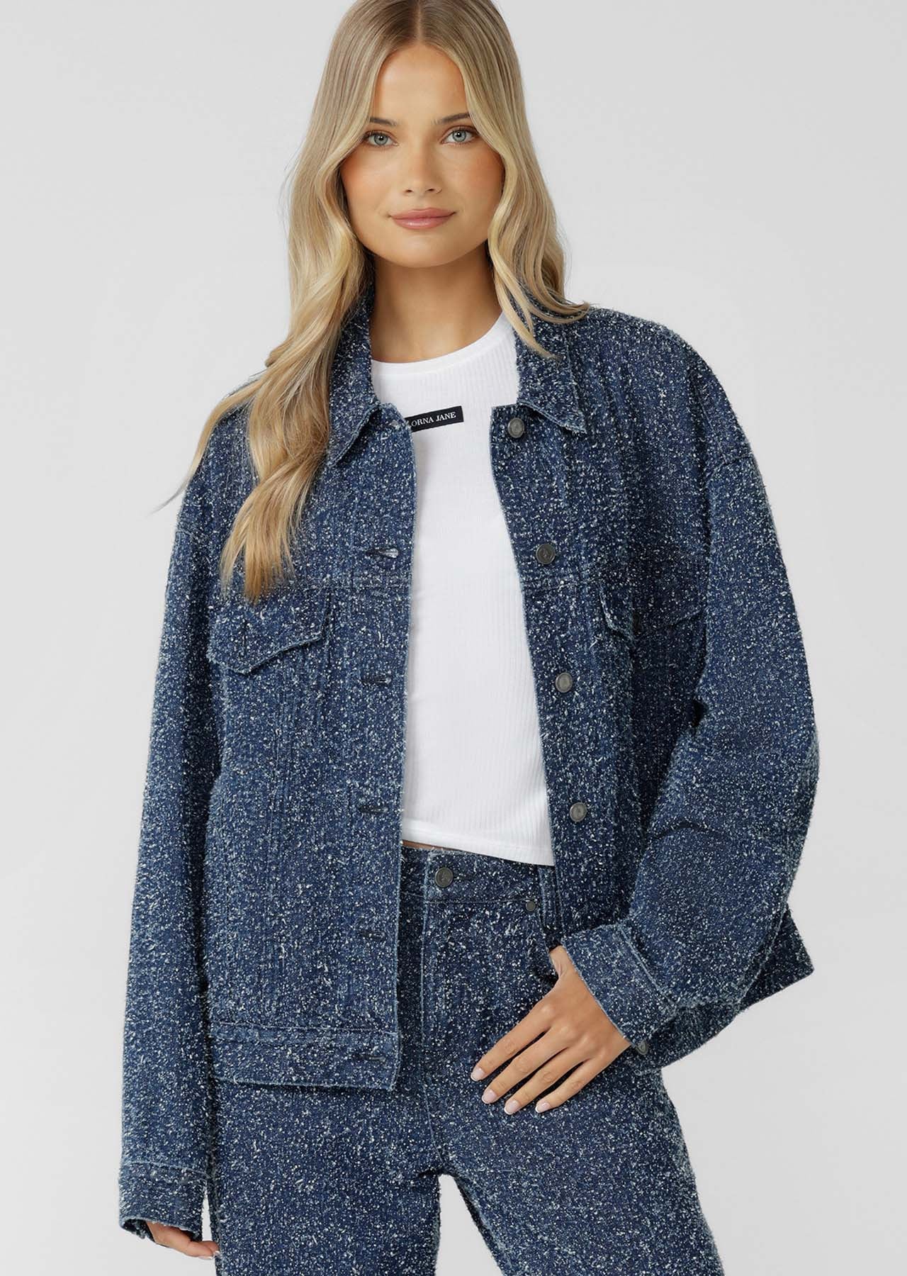 Lorna Jane Valentina Boucle Denim Jacket - Dark Blue Boucle Denim