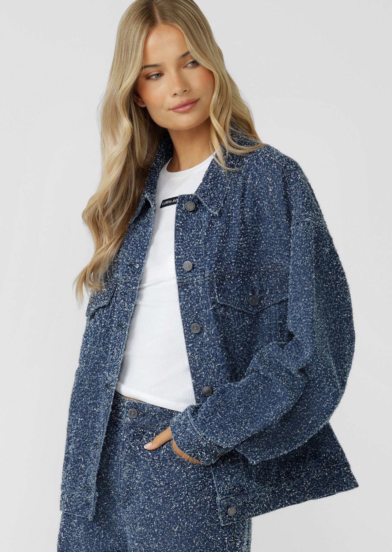 Lorna Jane Valentina Boucle Denim Jacket - Dark Blue Boucle Denim