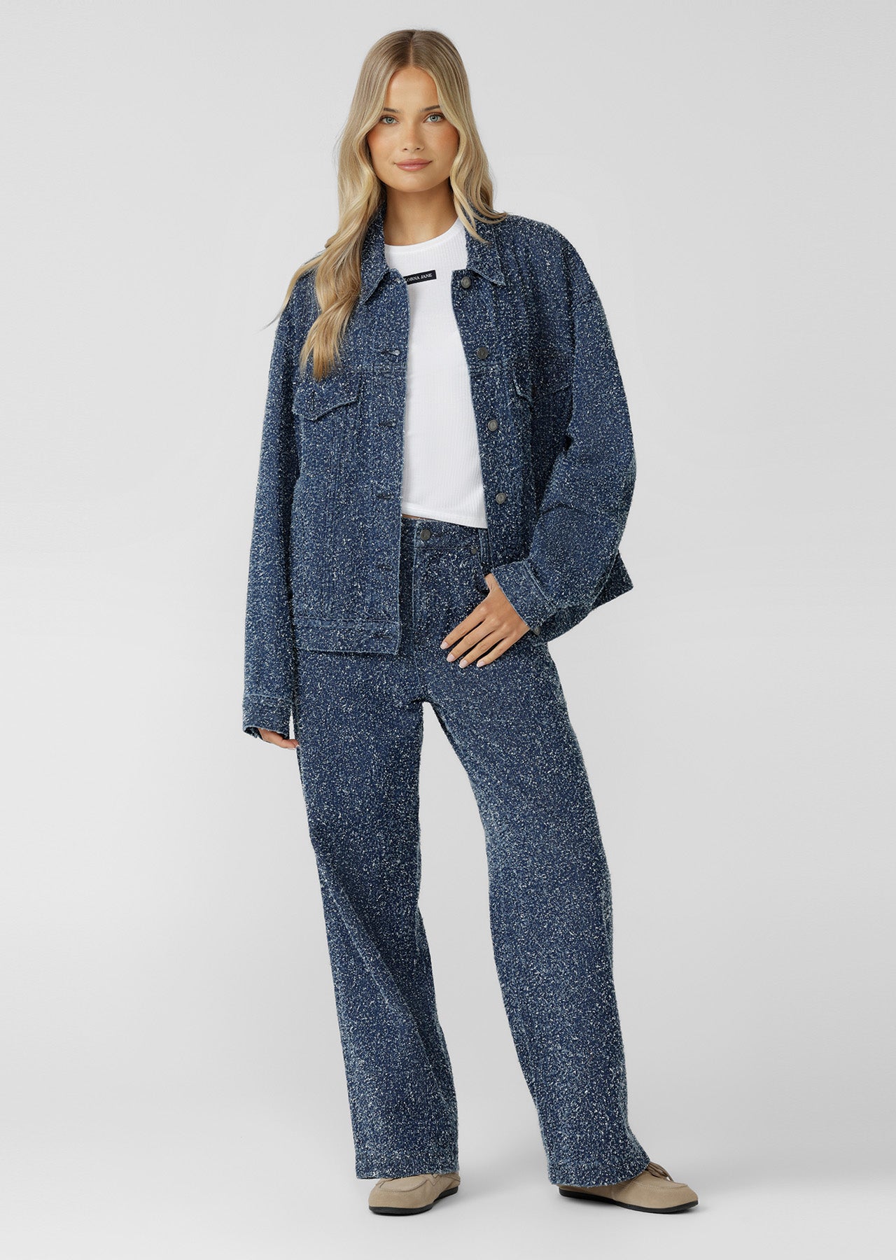 Lorna Jane Valentina Boucle Denim Jacket - Dark Blue Boucle Denim