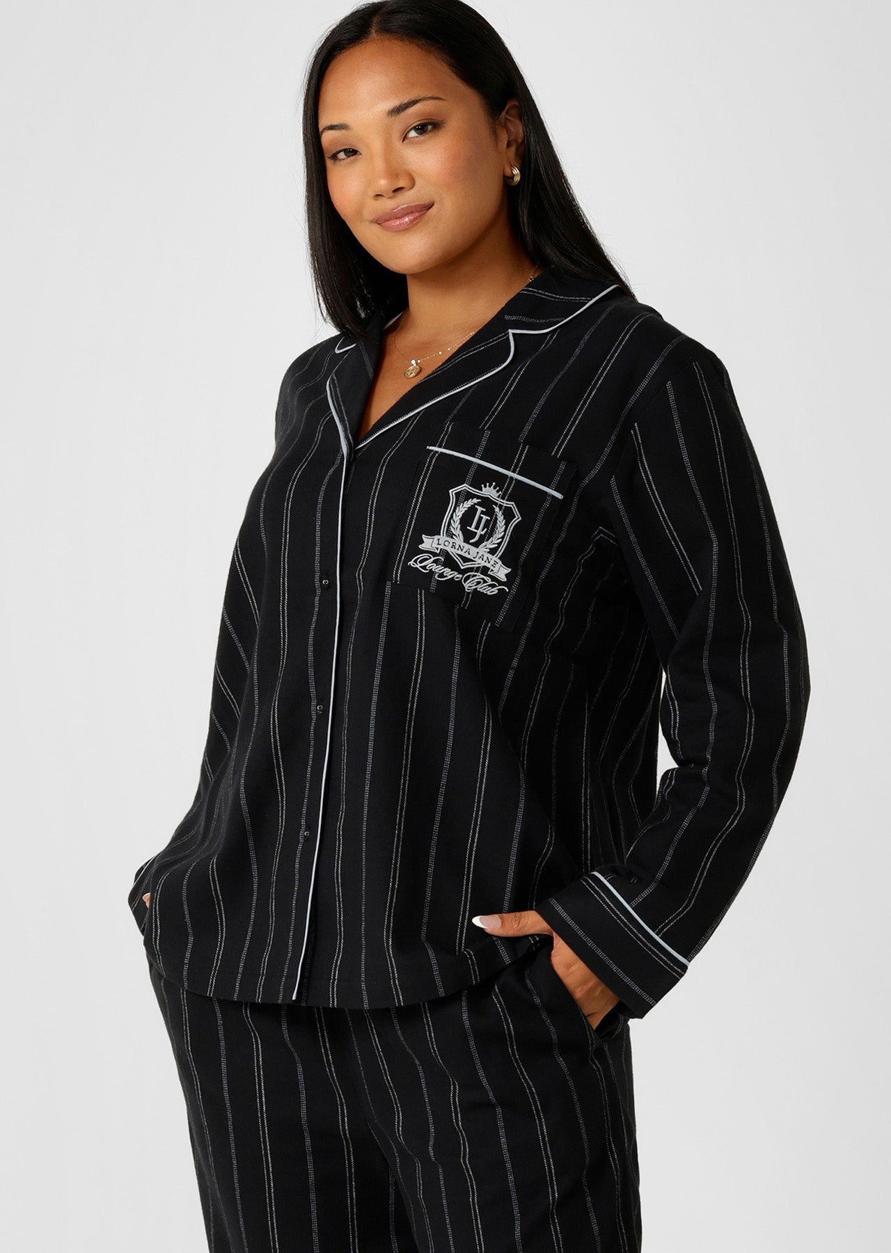 Lorna Jane Flannel Lounge Shirt - Navy Pinstripe