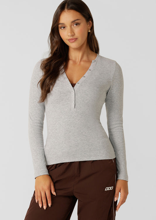Lorna Jane Henley Rib Long Sleeve Top - Grey Marl