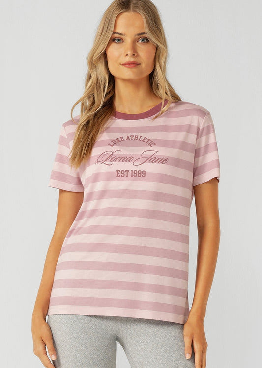 Lorna Jane Luxe Athletic Stripe T-Shirt - Pale Dusty Rose Stripe