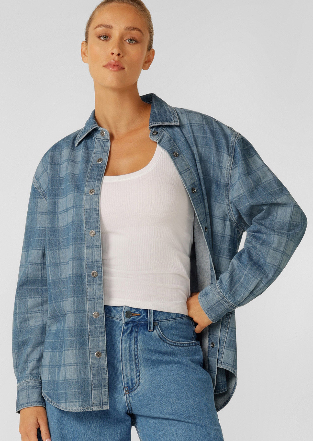 Lorna Jane Off Duty Burnout Check Denim Shirt - Washed Denim Check