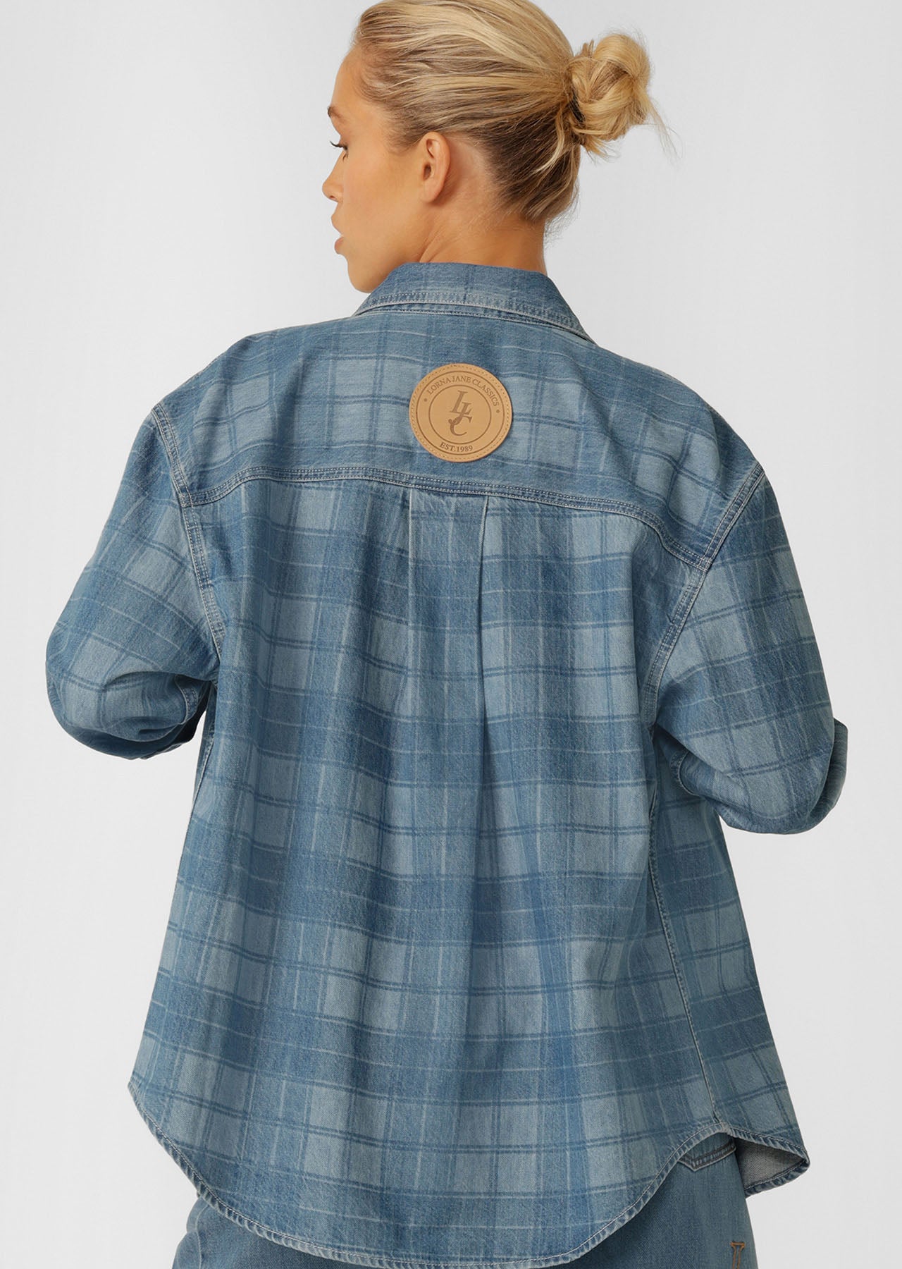 Lorna Jane Off Duty Burnout Check Denim Shirt - Washed Denim Check