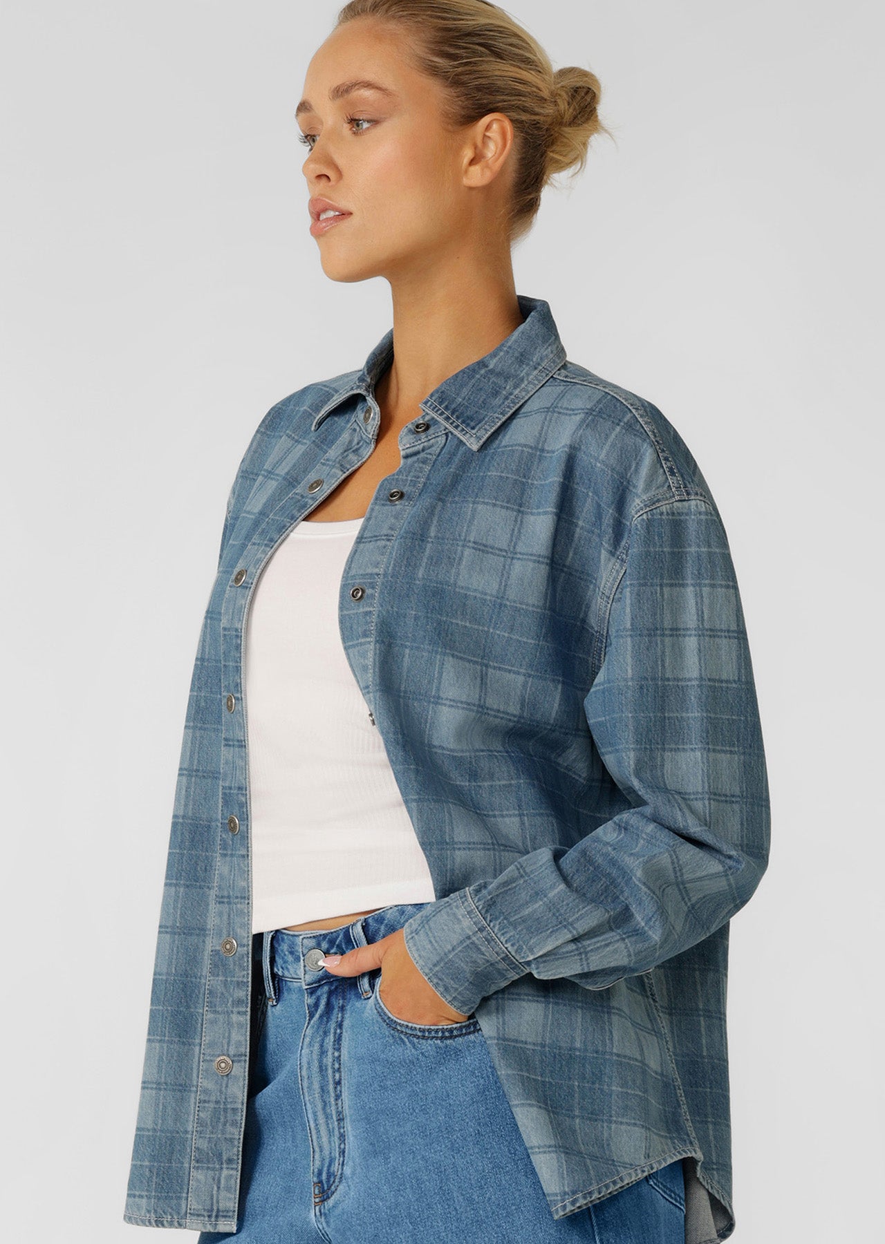 Lorna Jane Off Duty Burnout Check Denim Shirt - Washed Denim Check