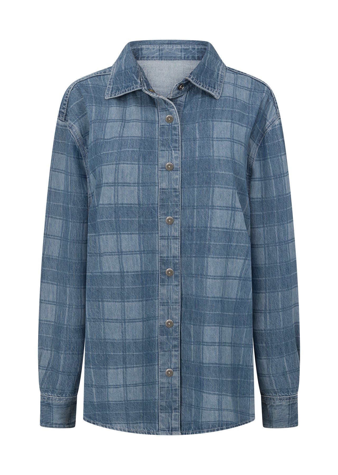 Lorna Jane Off Duty Burnout Check Denim Shirt - Washed Denim Check