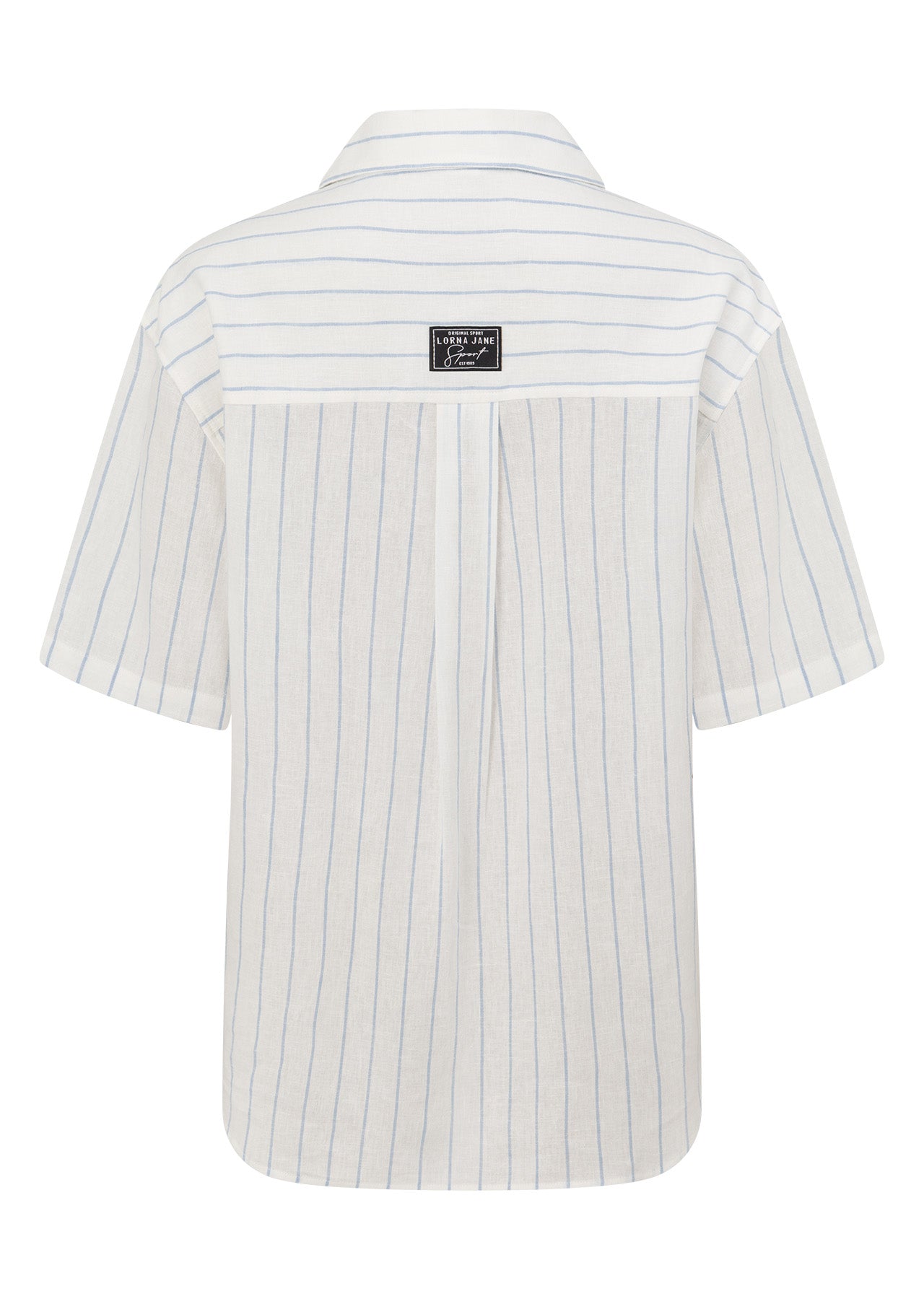 Lorna Jane Preset Stripe Linen Short Sleeve Shirt - Oxford Blue Stripe