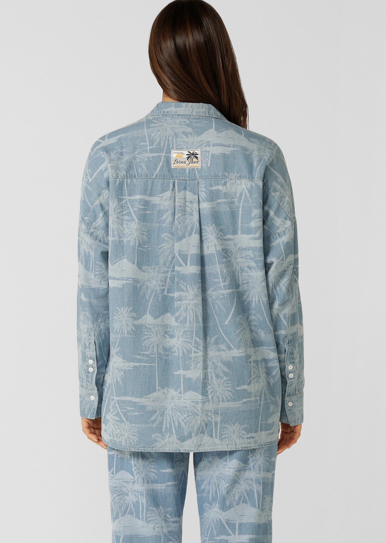 Lorna Jane Aloha Denim Button Up Shirt - Aloha Blues Print