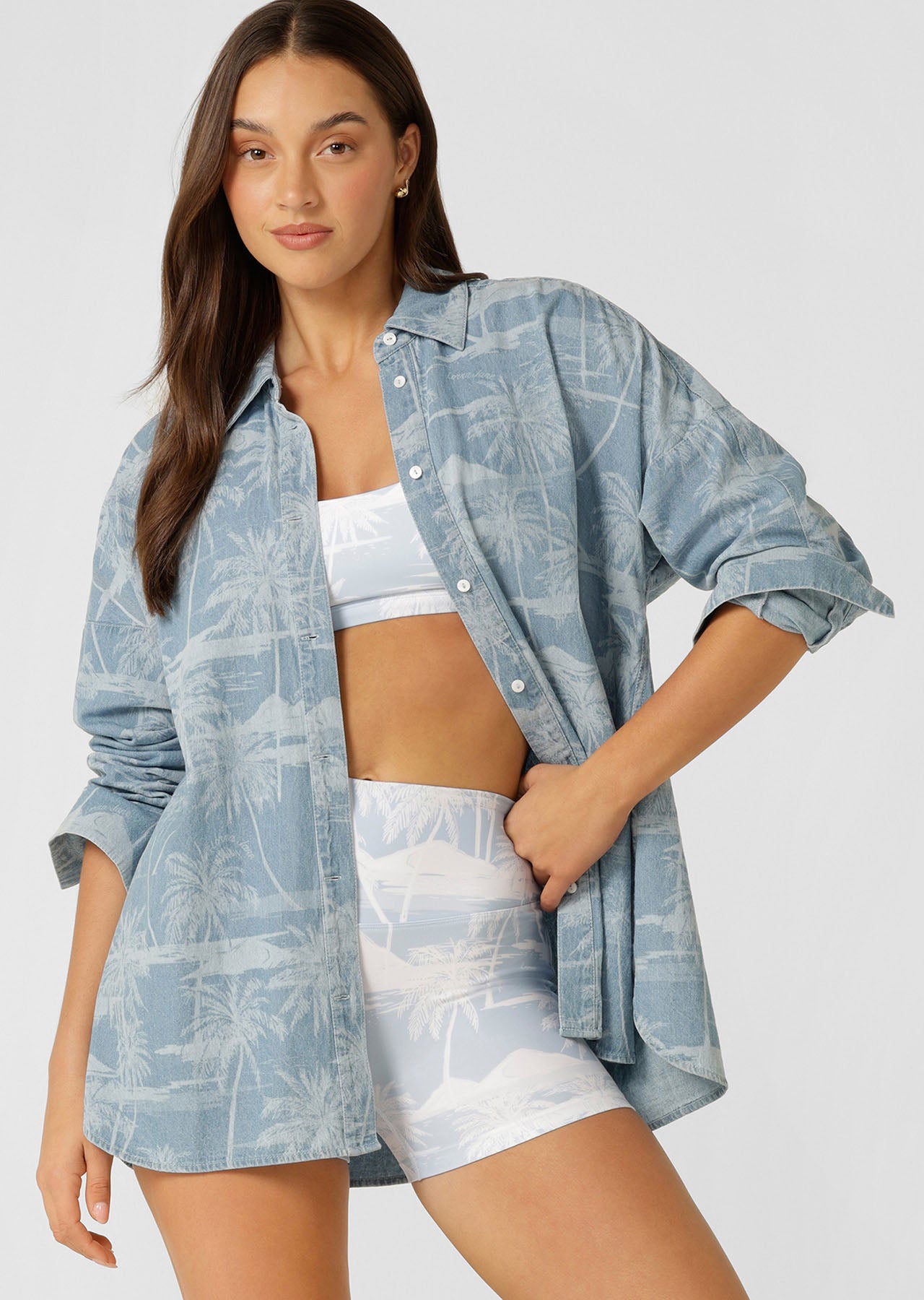 Lorna Jane Aloha Denim Button Up Shirt - Aloha Blues Print