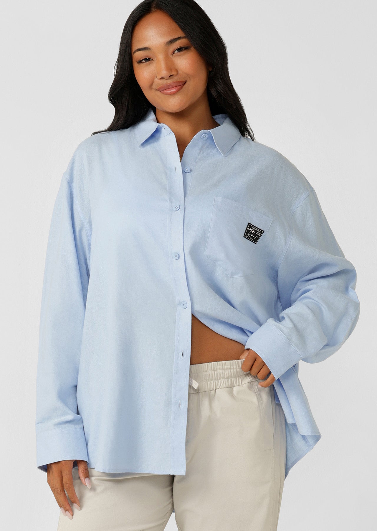 Lorna Jane Everline Long Sleeve Linen Shirt - Oxford Blue