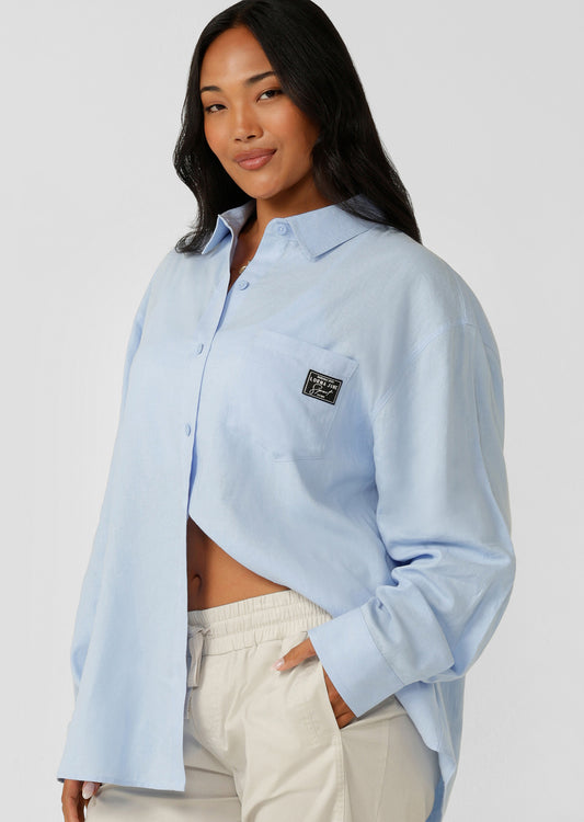 Lorna Jane Everline Long Sleeve Linen Shirt - Oxford Blue