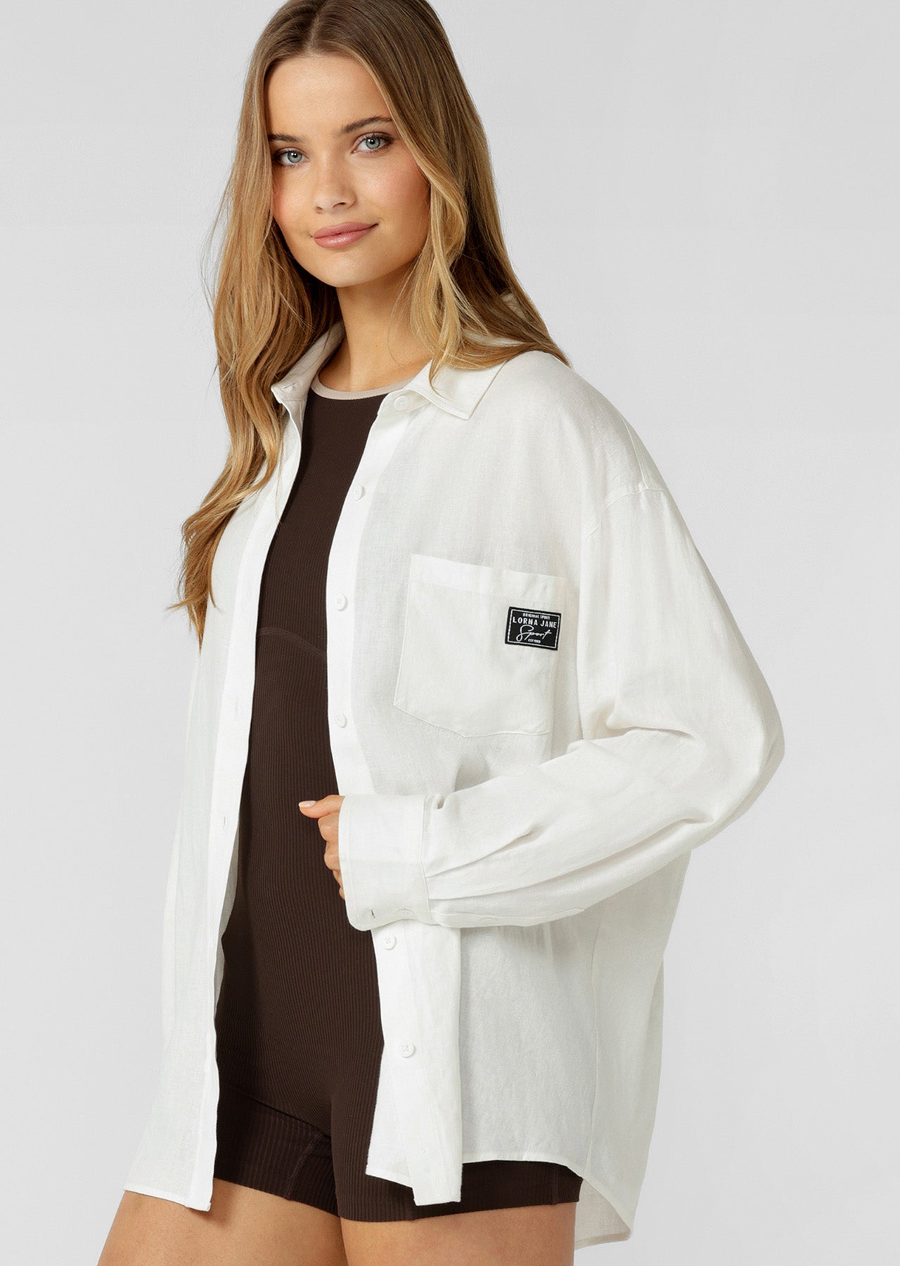 Lorna Jane Everline Long Sleeve Linen Shirt - White