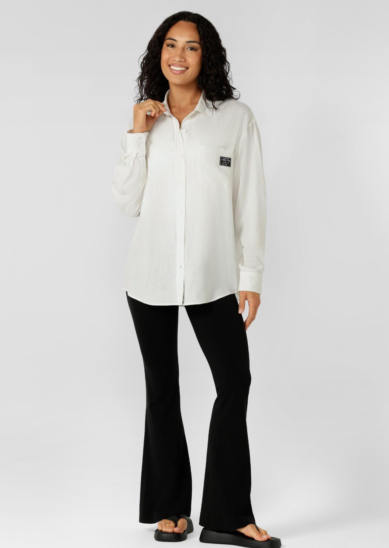 Lorna Jane Everline Long Sleeve Linen Shirt - White