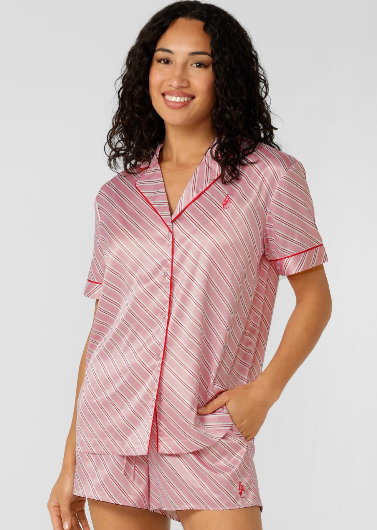 Lorna Jane Sugar Rush Satin Short Sleeve Shirt - Candy Cane Stripe
