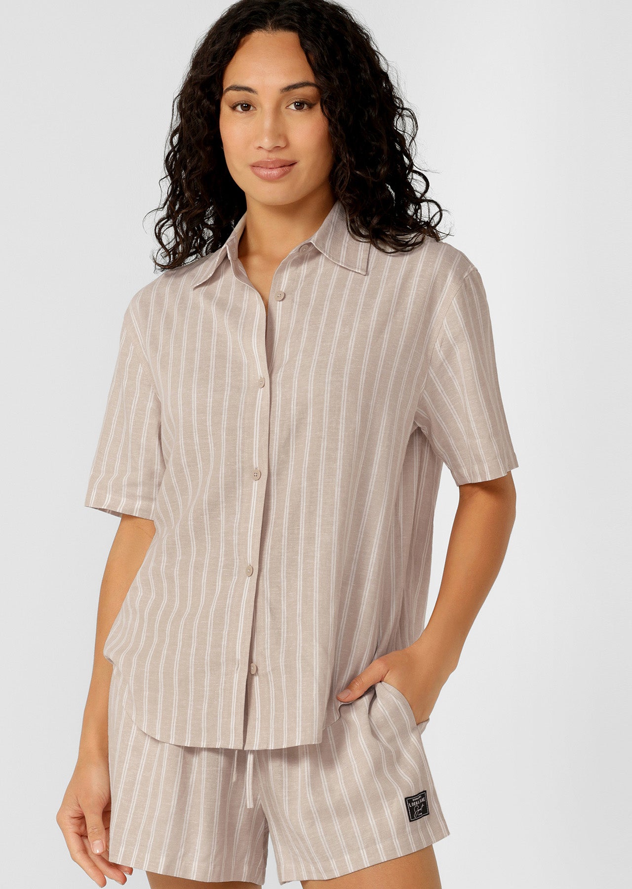 Lorna Jane Preset Stripe Linen Short Sleeve Shirt - Latte Stripe