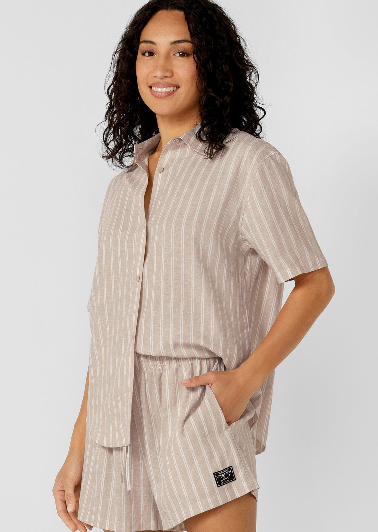Lorna Jane Preset Stripe Linen Short Sleeve Shirt - Latte Stripe