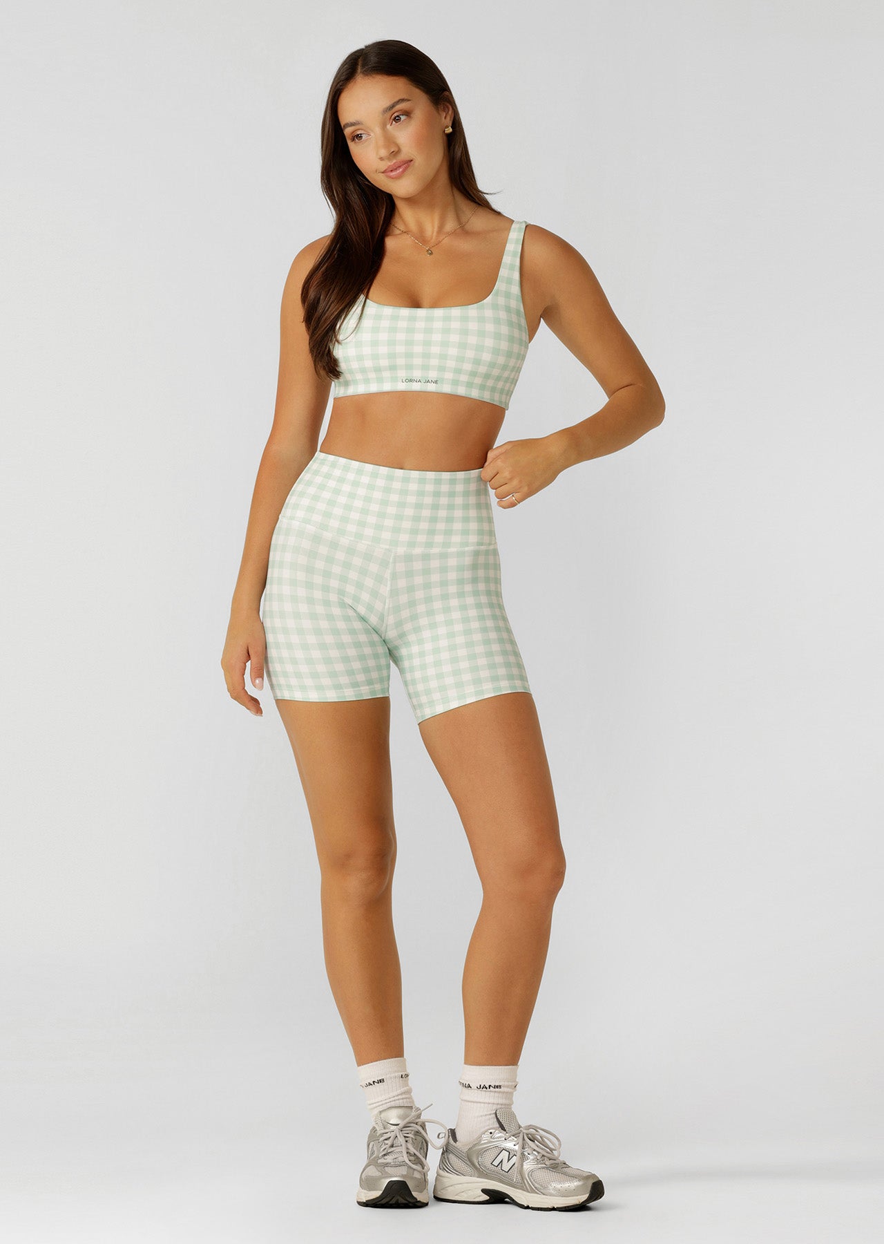 Lorna Jane Sweet Gingham Sports Bra - Soft Mint Ranch Gingham Print