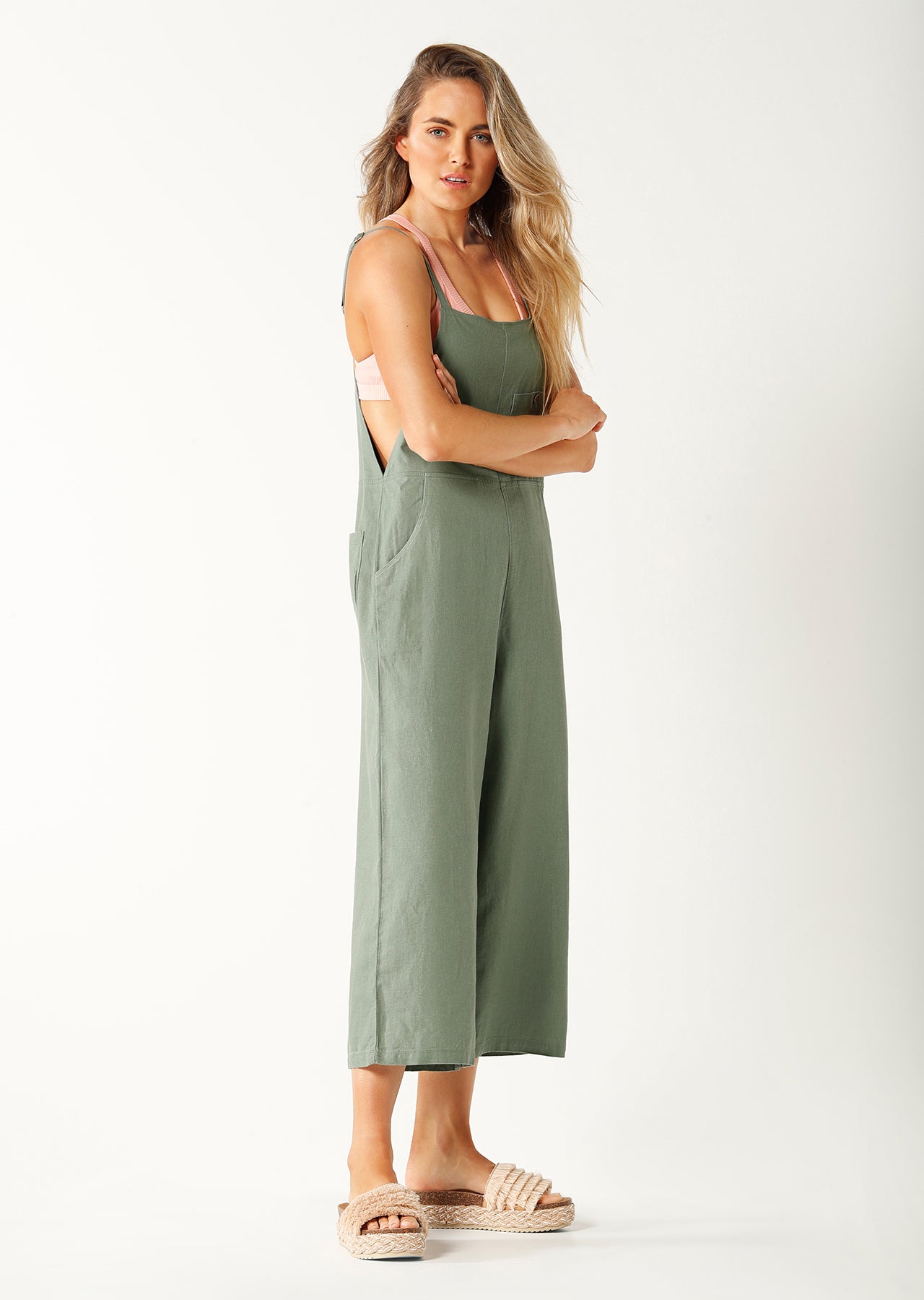 Lorna Jane Allday Linen Overalls - Light Khaki