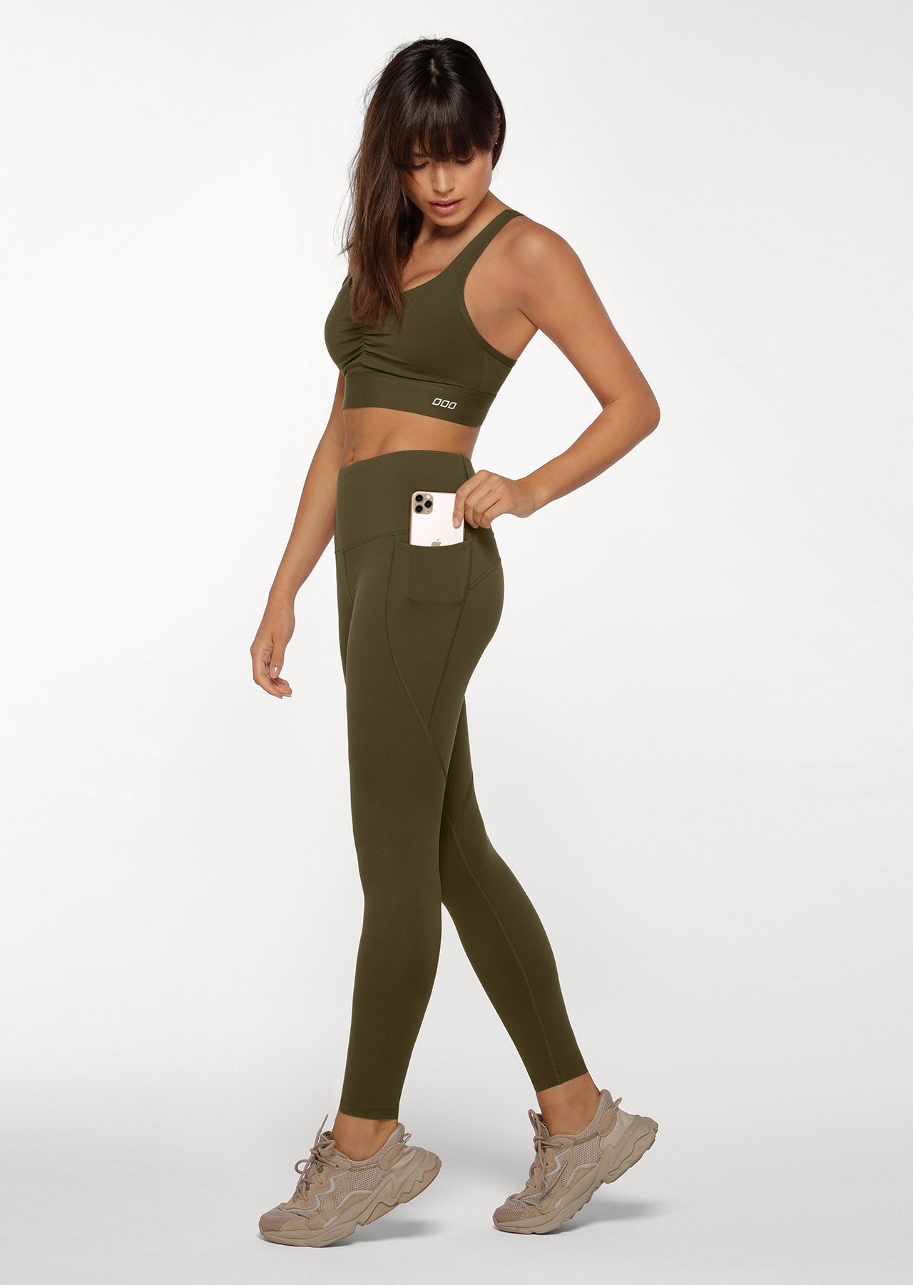 Lorna Jane Amy Thermal Phone Pocket Full Length Leggings - Dark Khaki