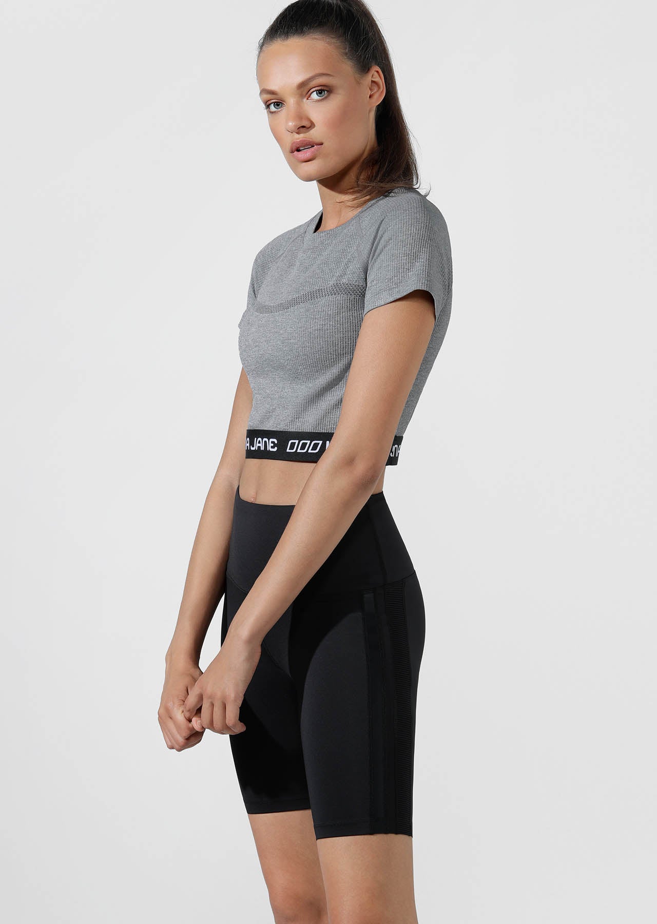 Lorna Jane Athletic Cropped Seamless Tee - Mid Grey Marl