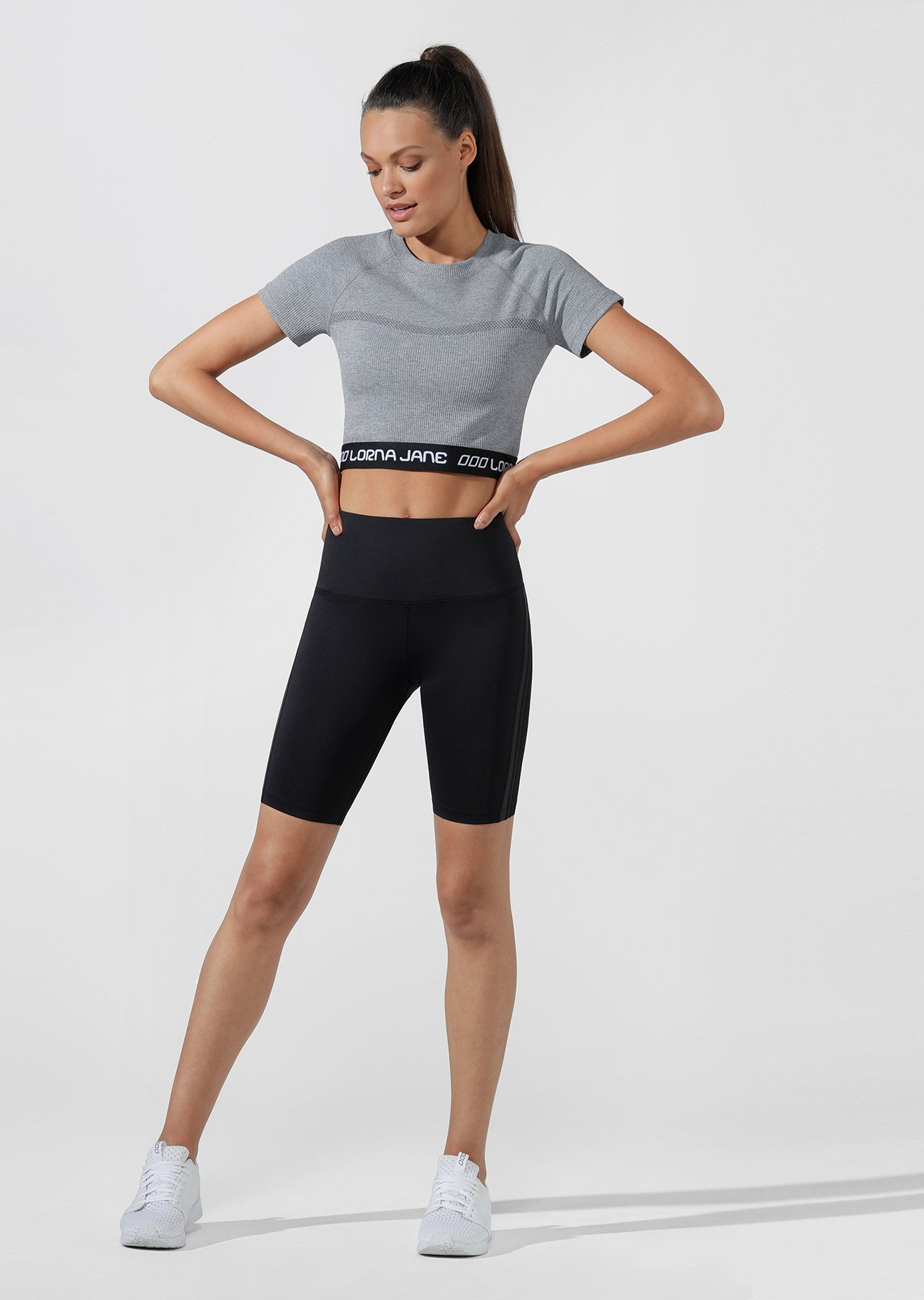 Lorna Jane Athletic Cropped Seamless Tee - Mid Grey Marl