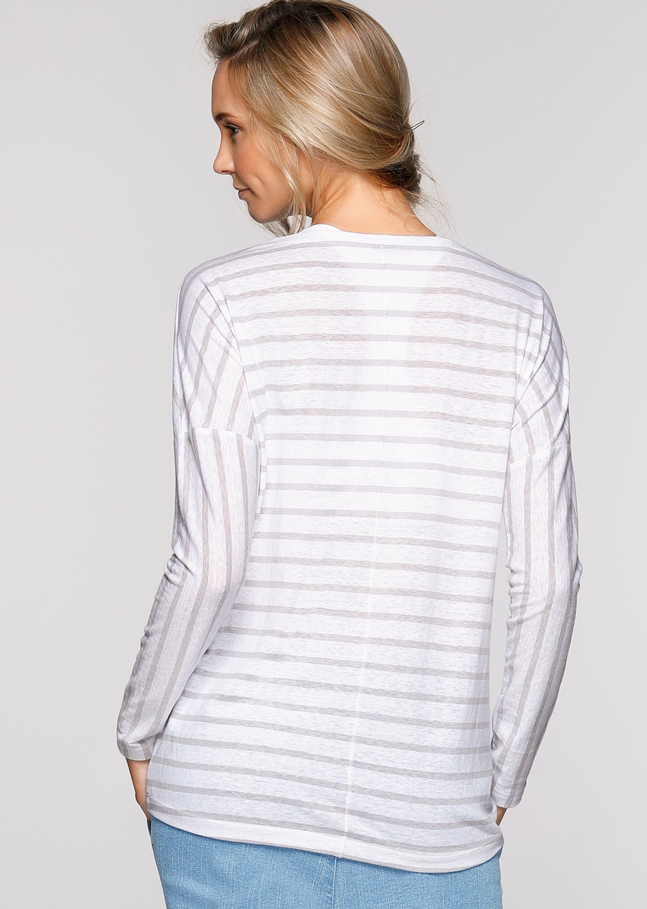 Lorna Jane Belle L/Slv Casual Top - White/Galaxy Stripe