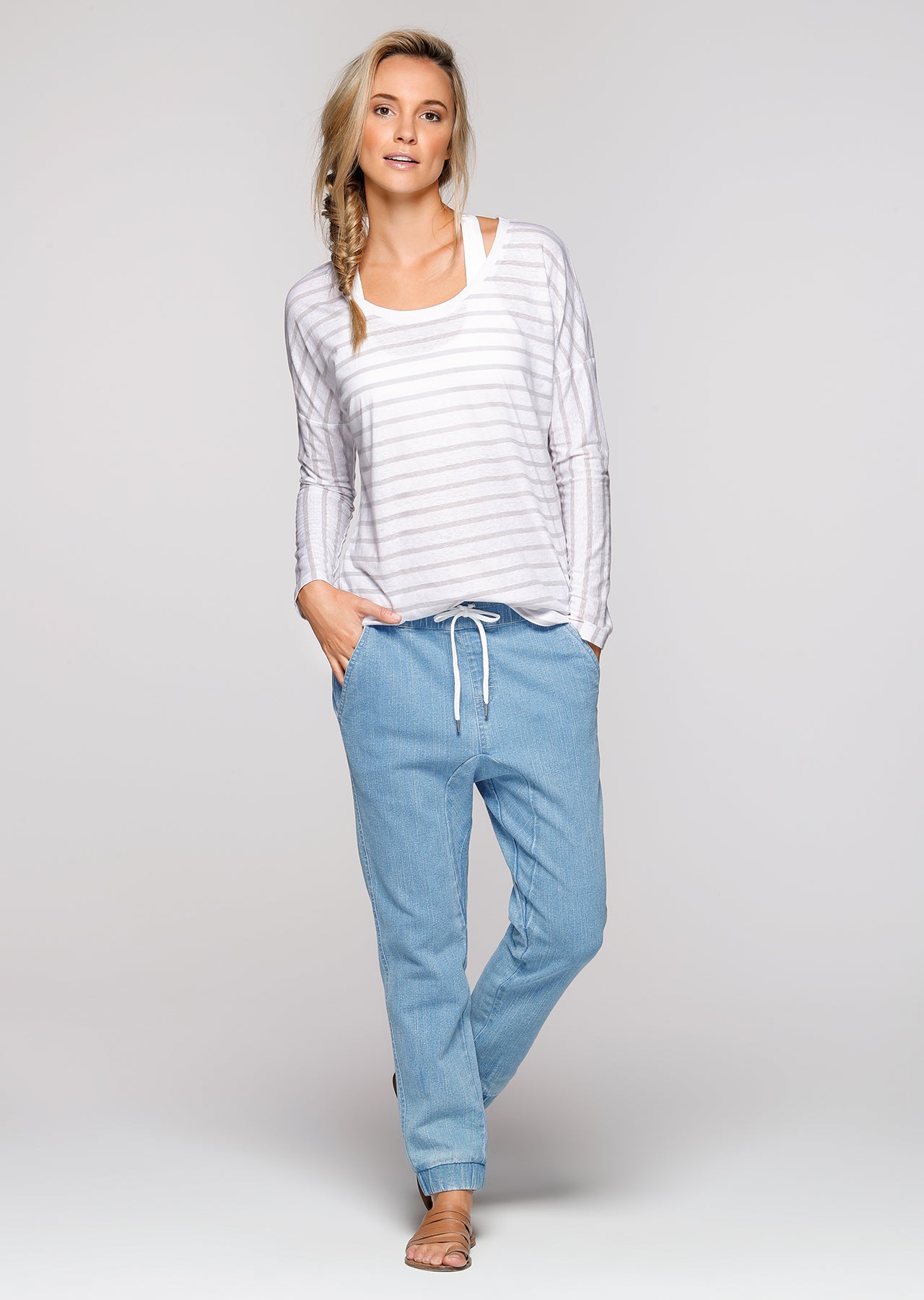 Lorna Jane Belle L/Slv Casual Top - White/Galaxy Stripe