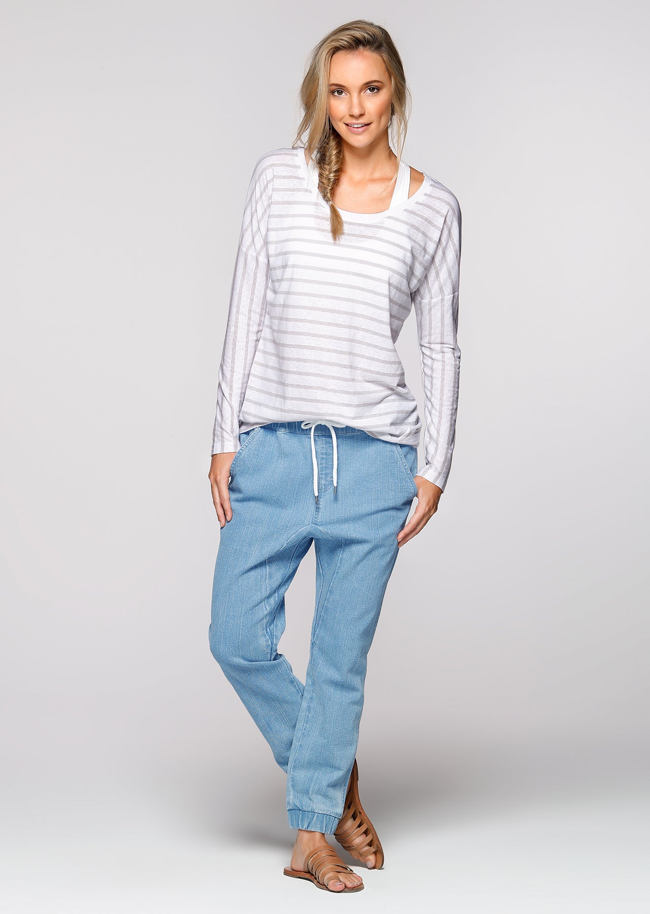 Lorna Jane Belle L/Slv Casual Top - White/Galaxy Stripe