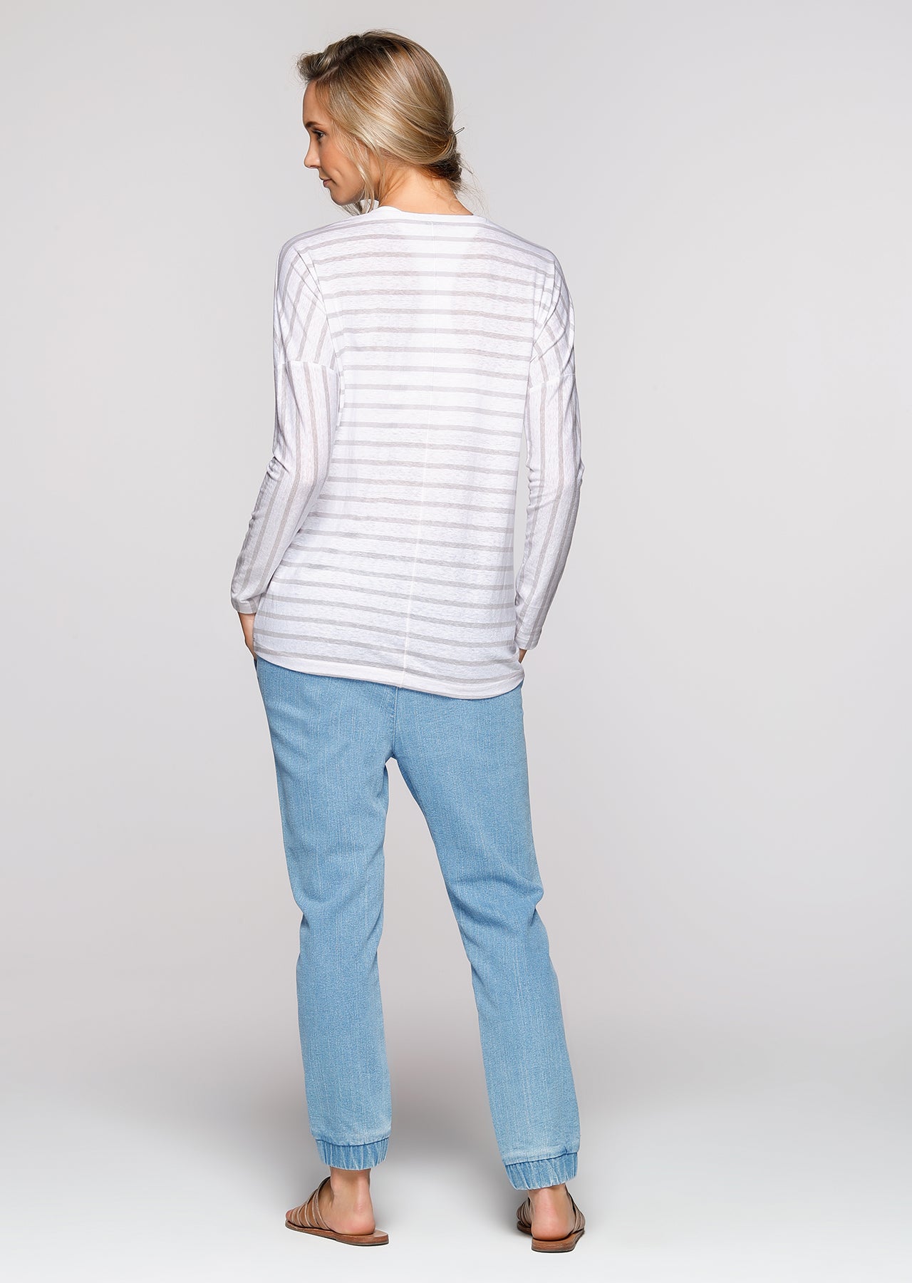 Lorna Jane Belle L/Slv Casual Top - White/Galaxy Stripe