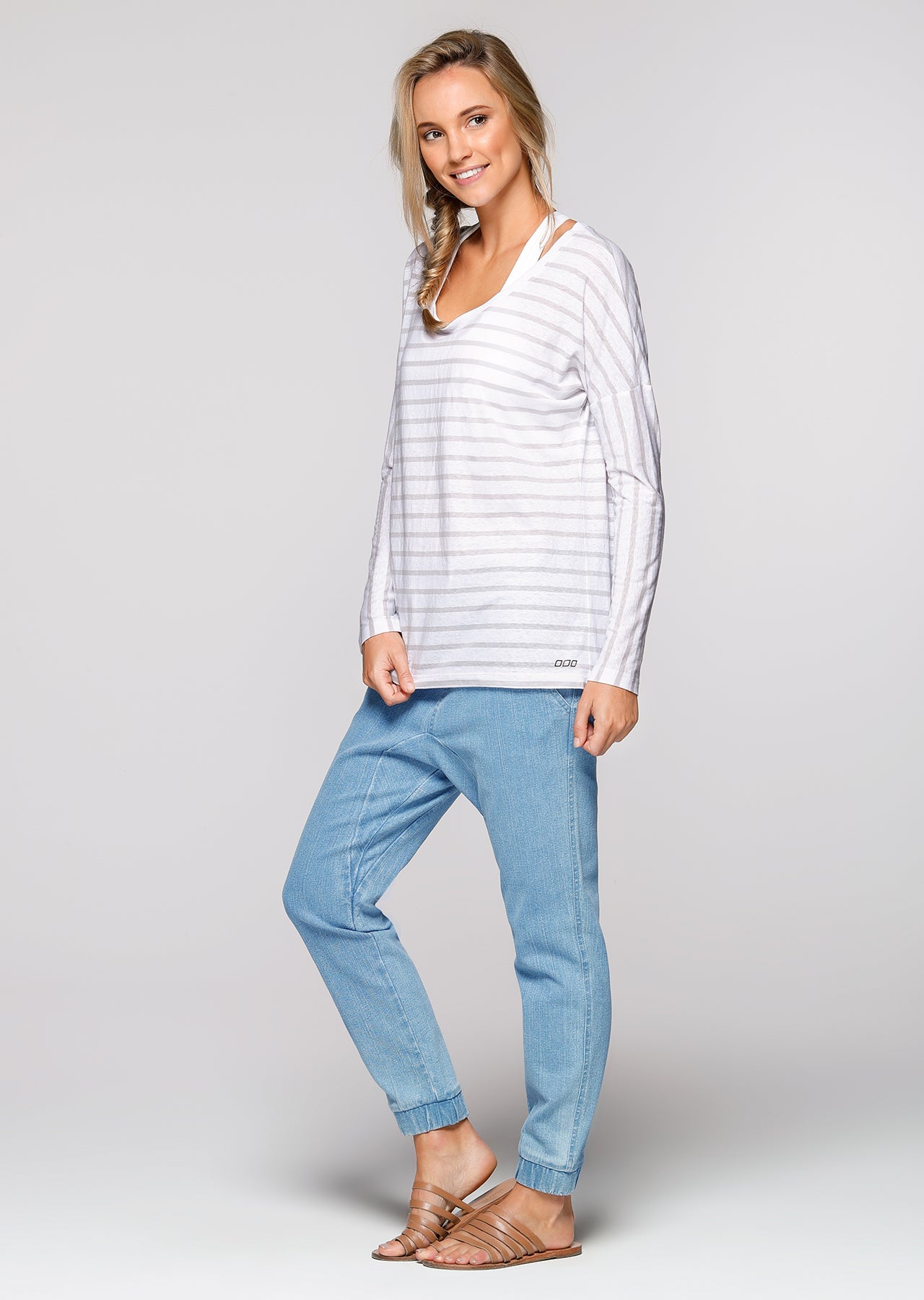 Lorna Jane Belle L/Slv Casual Top - White/Galaxy Stripe