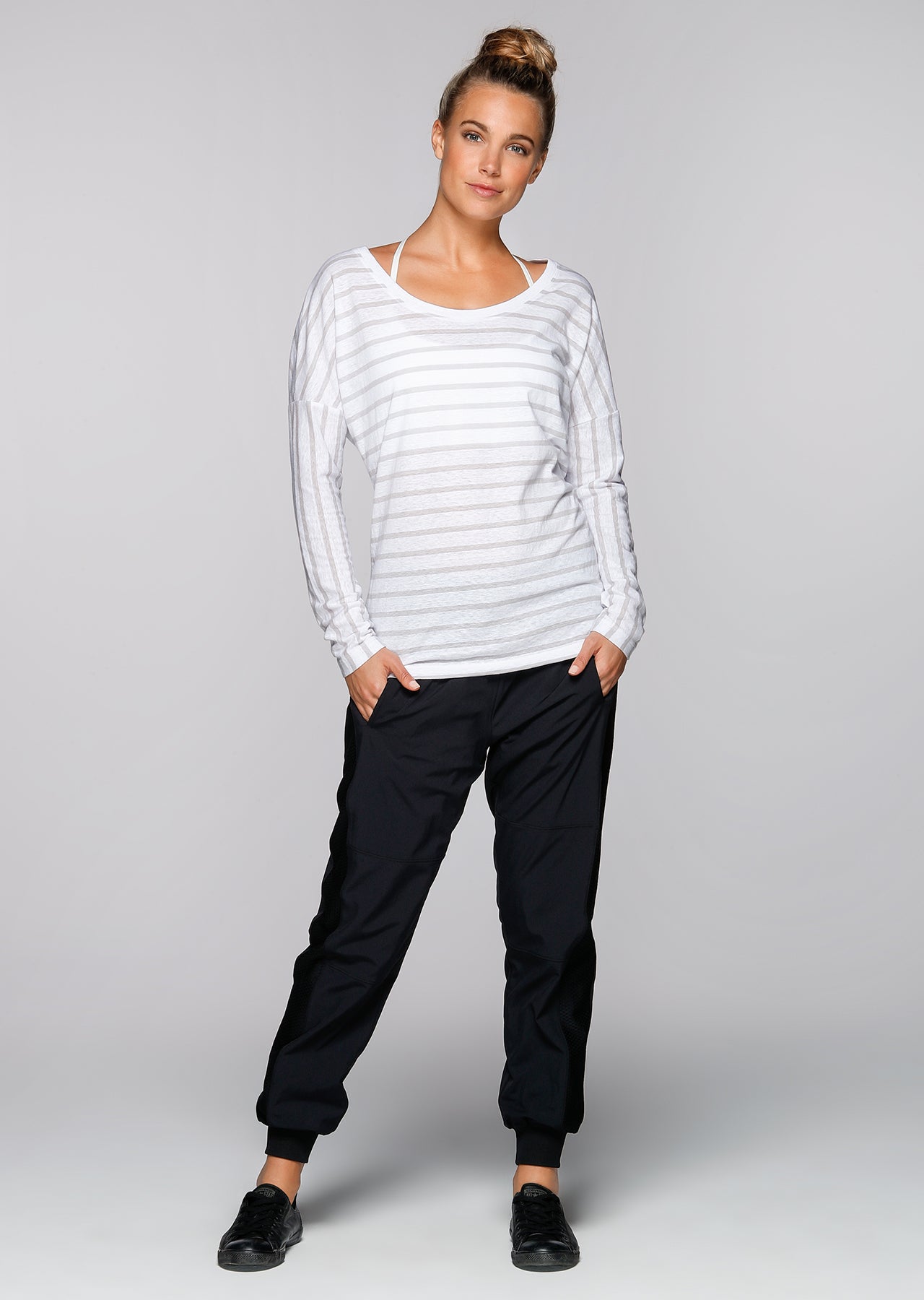 Lorna Jane Belle L/Slv Casual Top - White/Galaxy Stripe