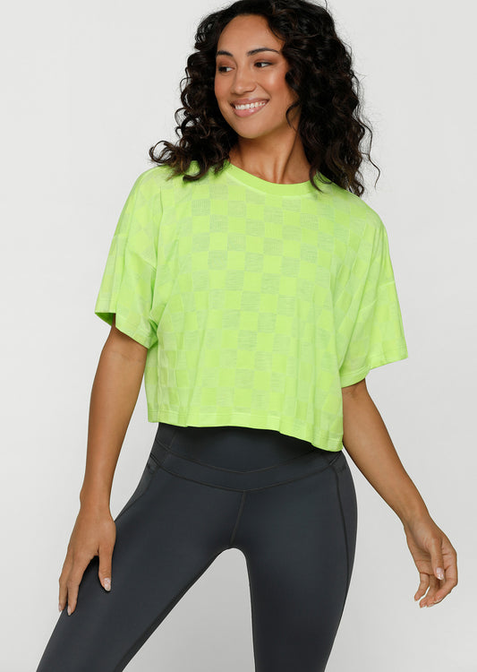 Lorna Jane Checkerboard Burnout Cropped Tee - Glow Green