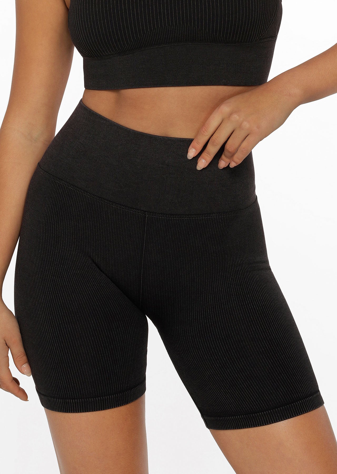 Lorna Jane Tempo Ribbed Seamless Bike Shorts - Washed Black