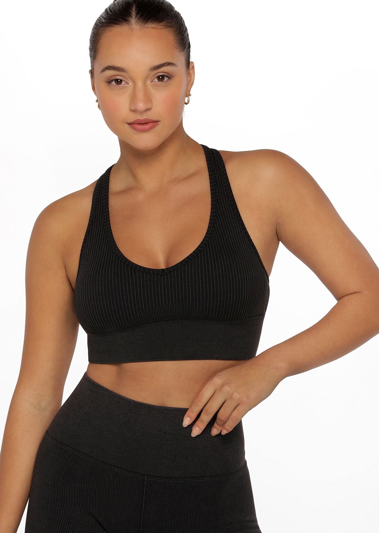 Lorna Jane Tempo Speed Ribbed Seamless Sports Bra - Washed Black