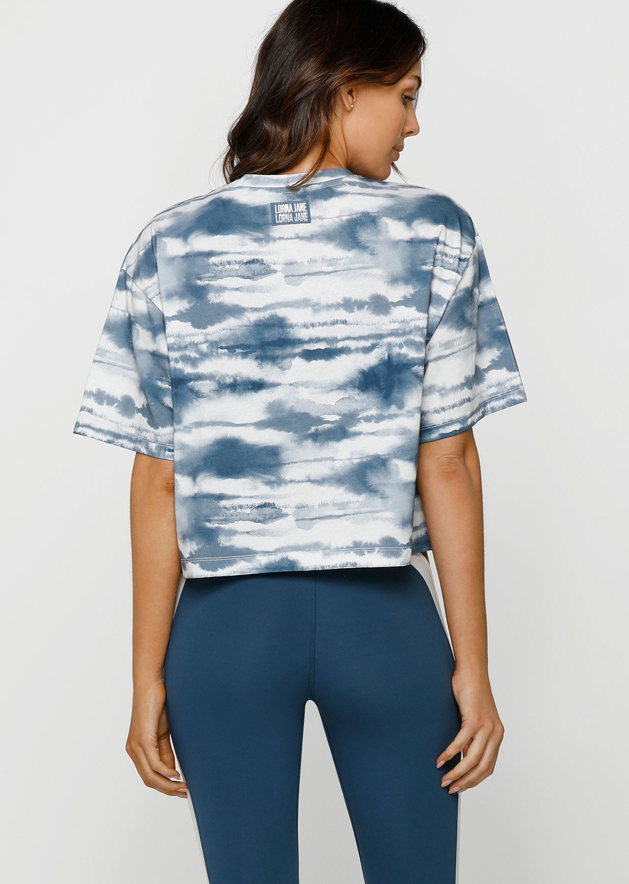 Lorna Jane Tie Dye Cropped Tee - Pale Indigo Tie Dye Print