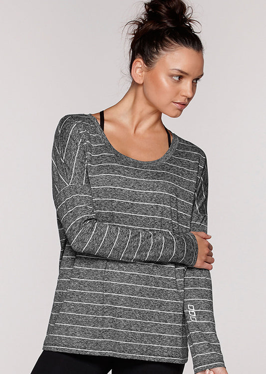 Lorna Jane Winter Tech L/Slv Top - Black Marl/White Stripe