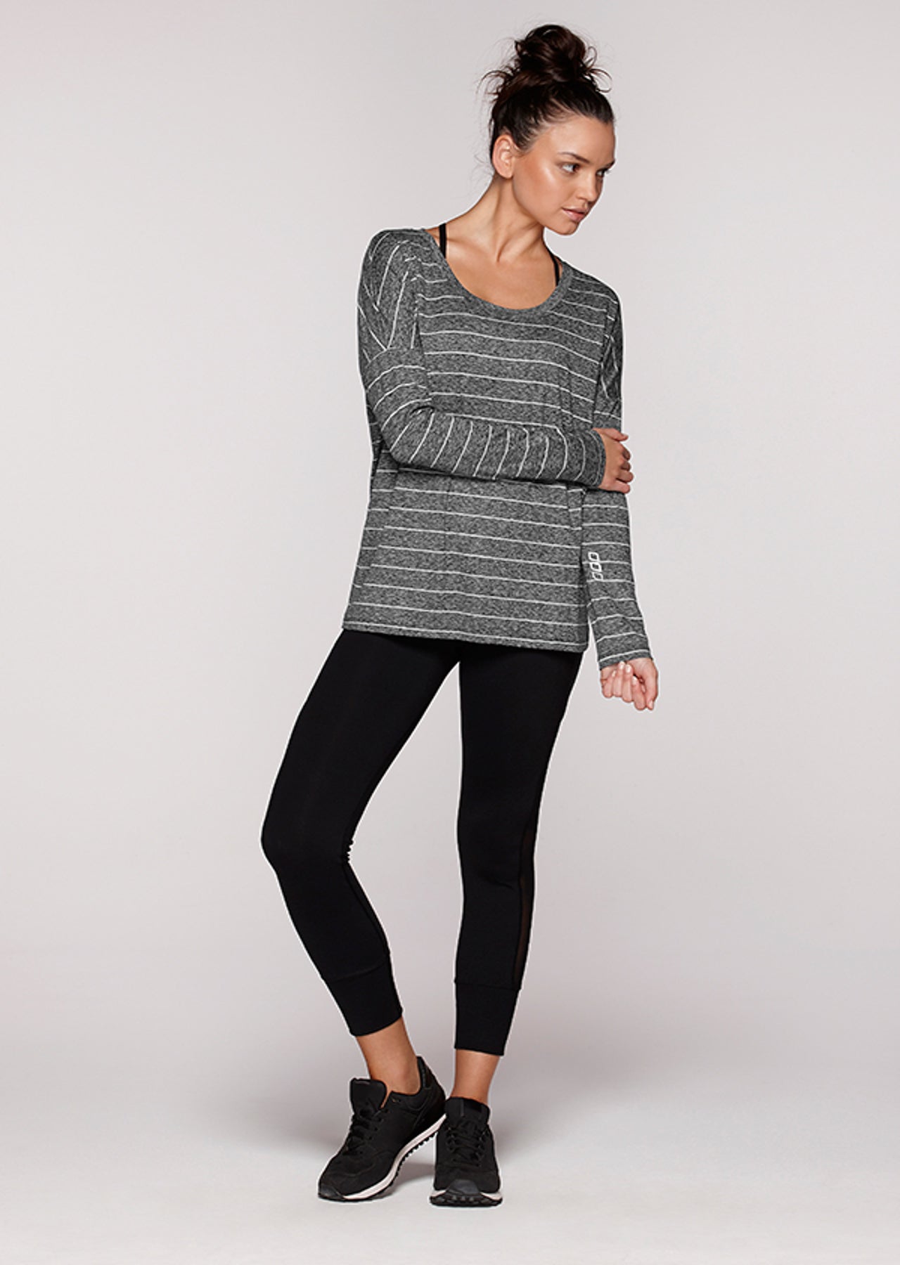 Lorna Jane Winter Tech L/Slv Top - Black Marl/White Stripe