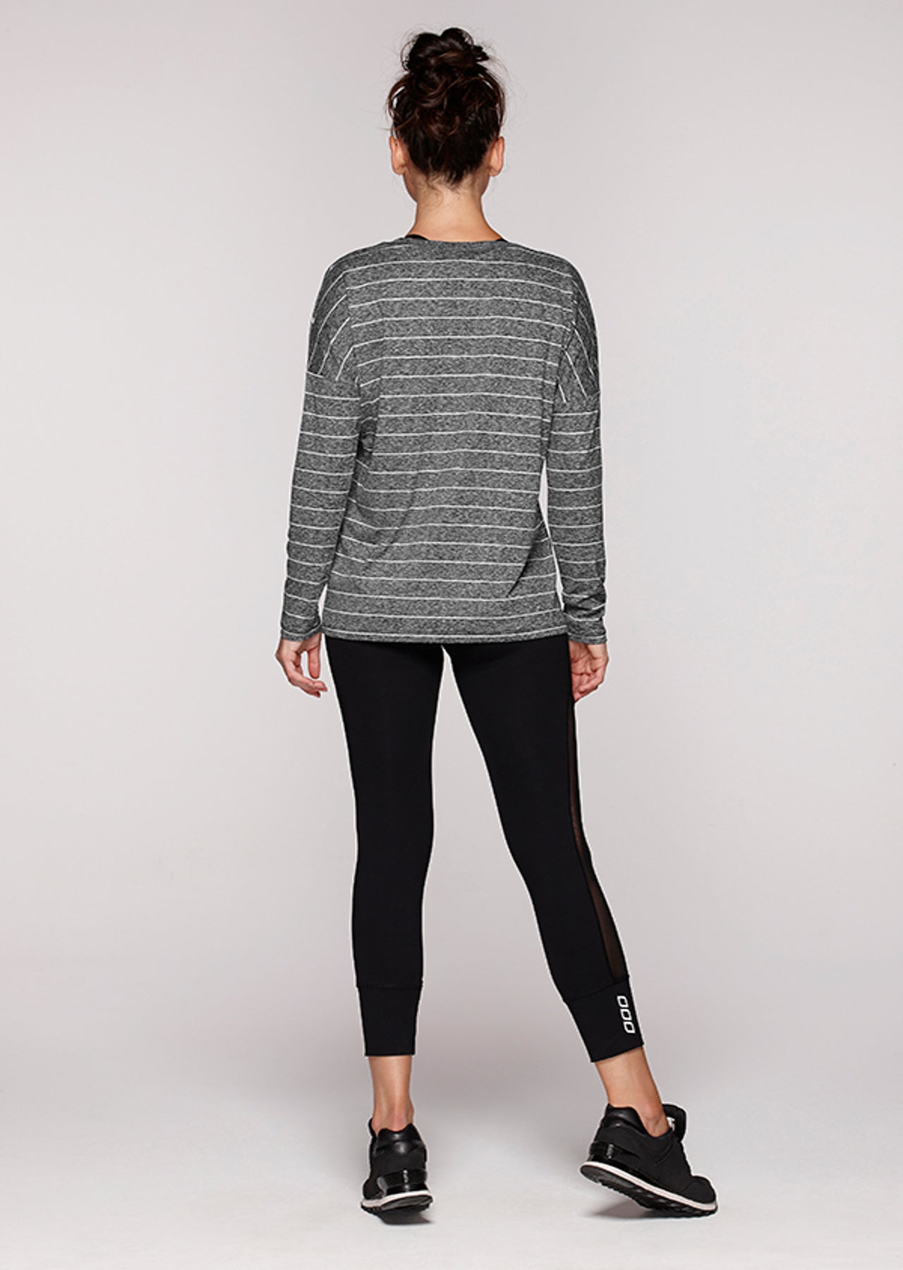 Lorna Jane Winter Tech L/Slv Top - Black Marl/White Stripe