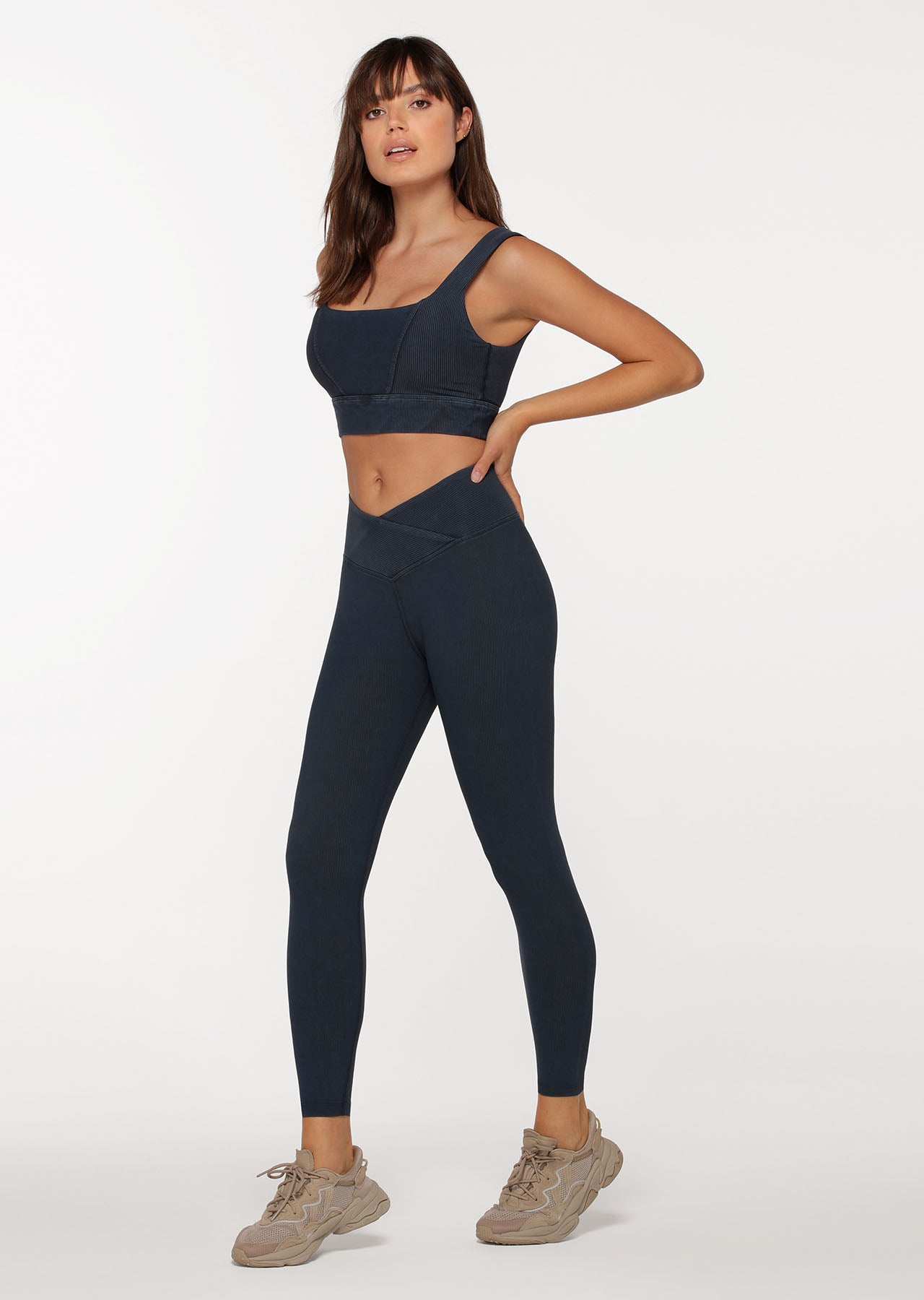 Lorna Jane Wrap Around Rib Ankle Biter Leggings - Washed Midnight Indigo