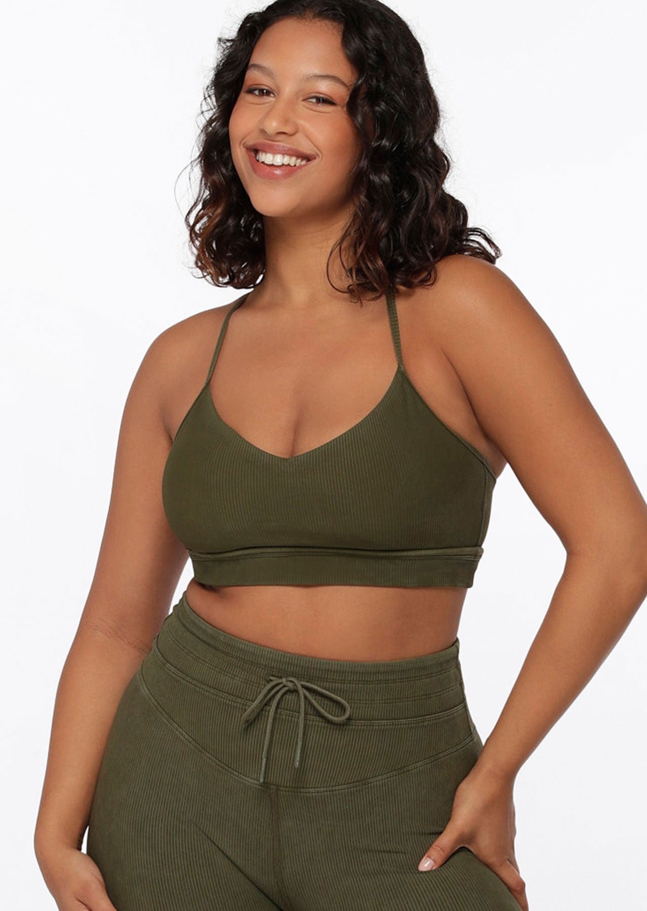 Lorna Jane Yin Washed Rib Sports Bra - Washed Luxury Green